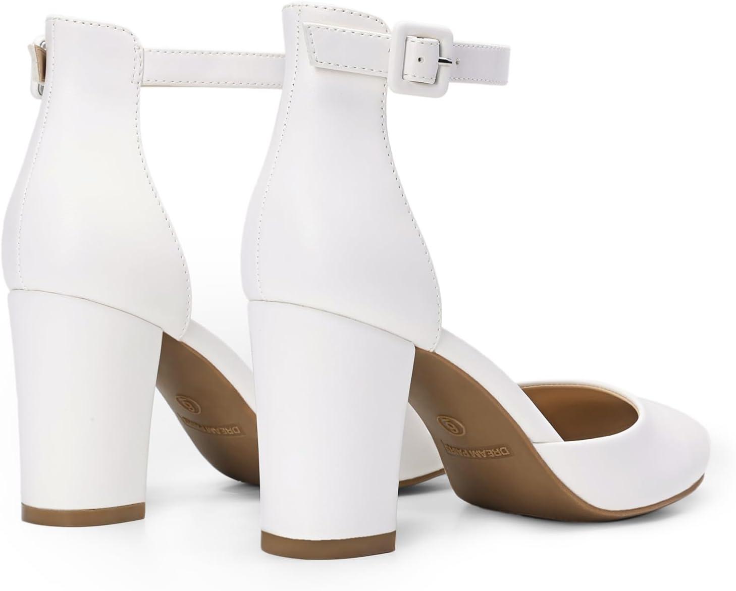 imageDREAM PAIRS Womens Closed Toe Chunky Heels Ankle Strap Low Block Heels Round Toe Dress Bridal Wedding Pumps ShoesWhitepu