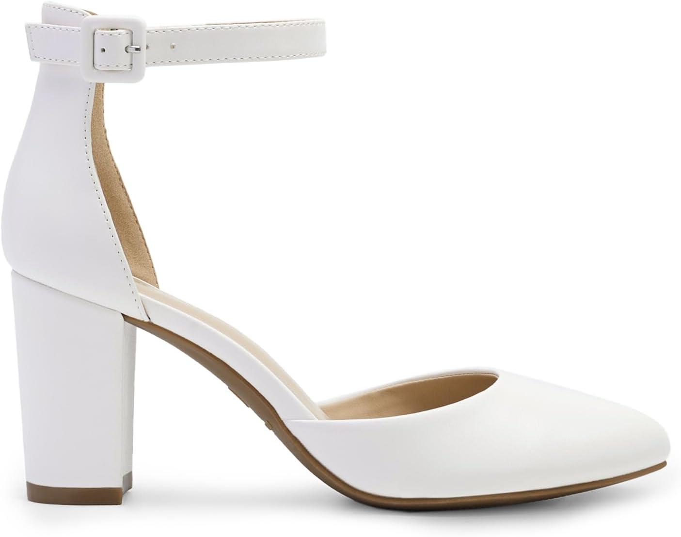 imageDREAM PAIRS Womens Closed Toe Chunky Heels Ankle Strap Low Block Heels Round Toe Dress Bridal Wedding Pumps ShoesWhitepu