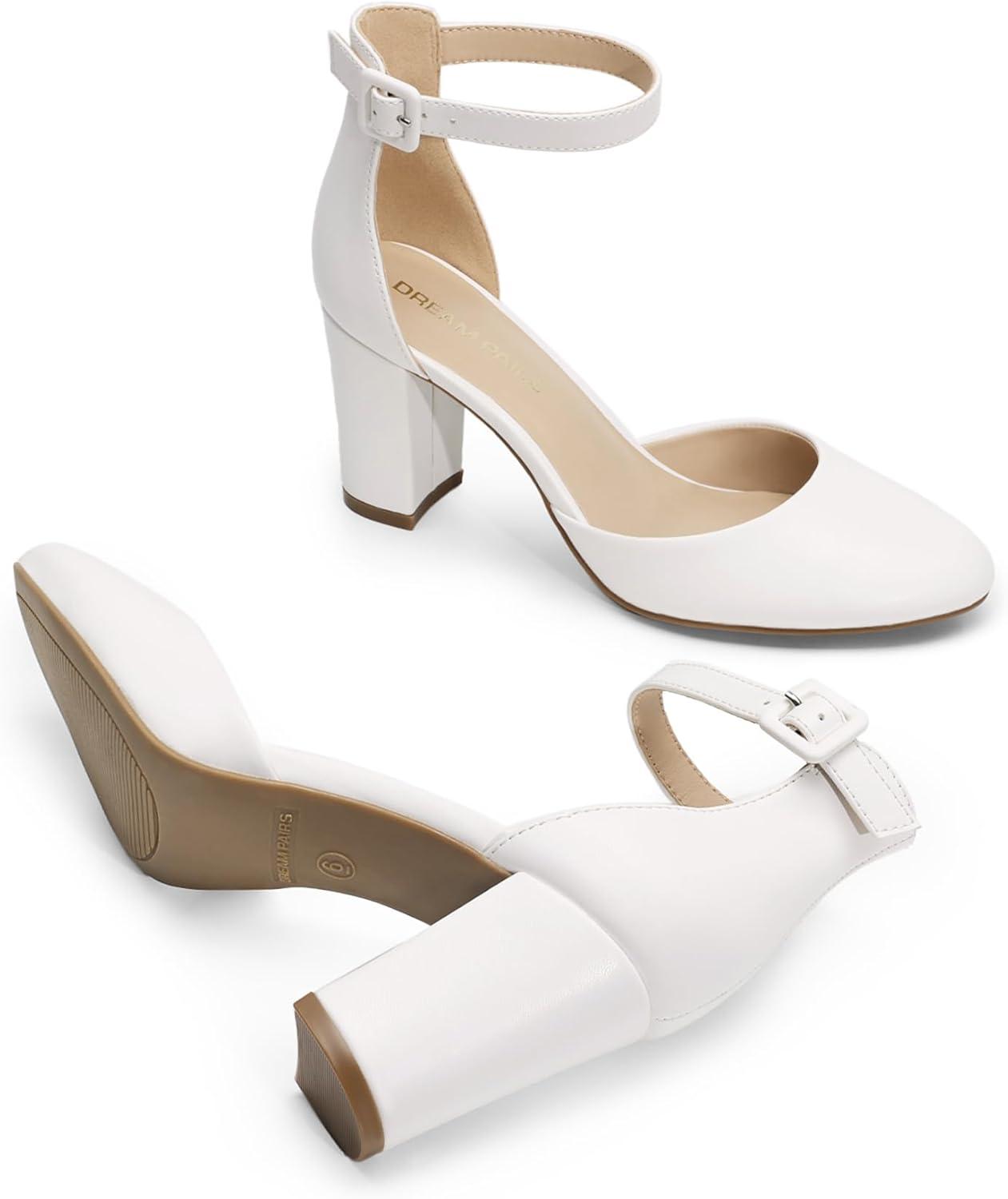 imageDREAM PAIRS Womens Closed Toe Chunky Heels Ankle Strap Low Block Heels Round Toe Dress Bridal Wedding Pumps ShoesWhitepu