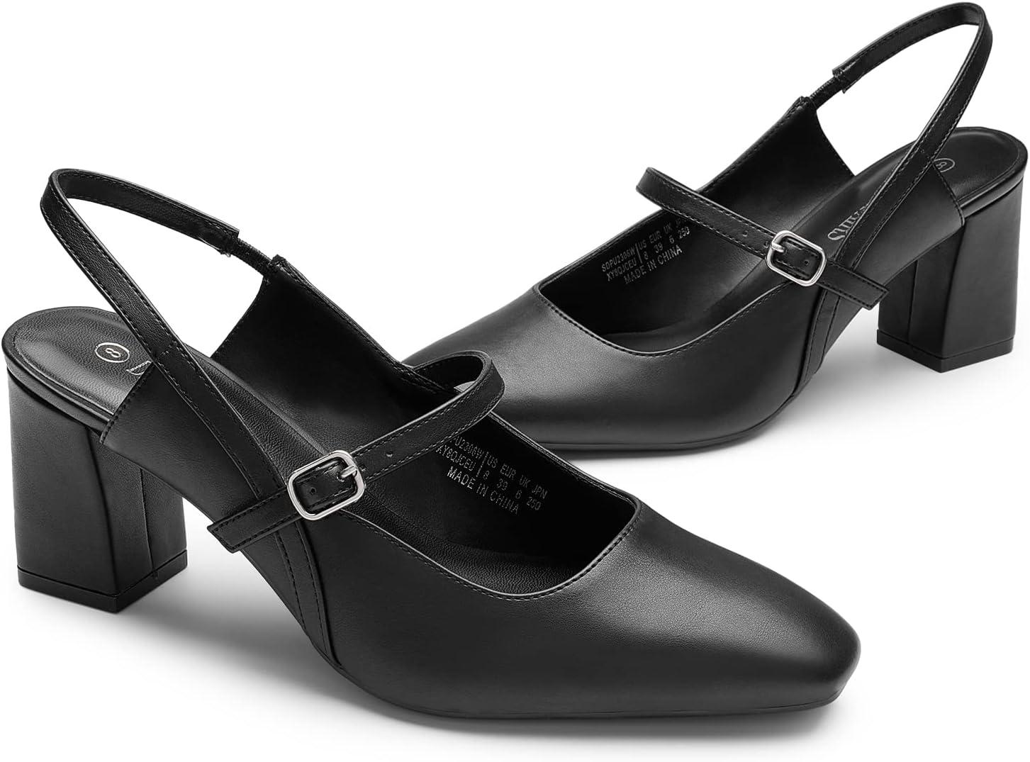 imageDREAM PAIRS Womens Closed Toe Chunky High Heels Mary Jane Block Square Toe Slingback Strappy Dress Work Pumps ShoesBlackpu