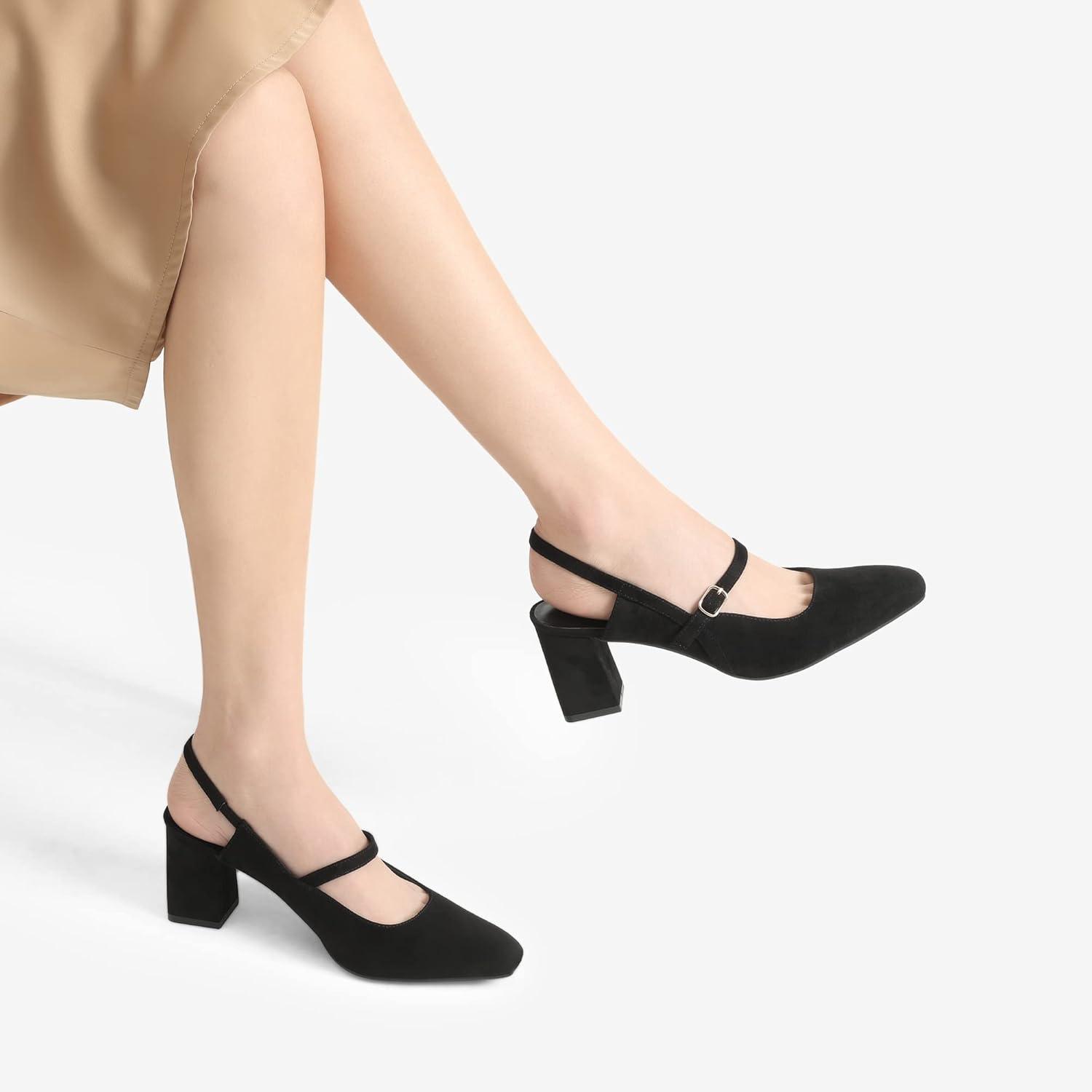 imageDREAM PAIRS Womens Closed Toe Chunky High Heels Mary Jane Block Square Toe Slingback Strappy Dress Work Pumps ShoesBlacksuede