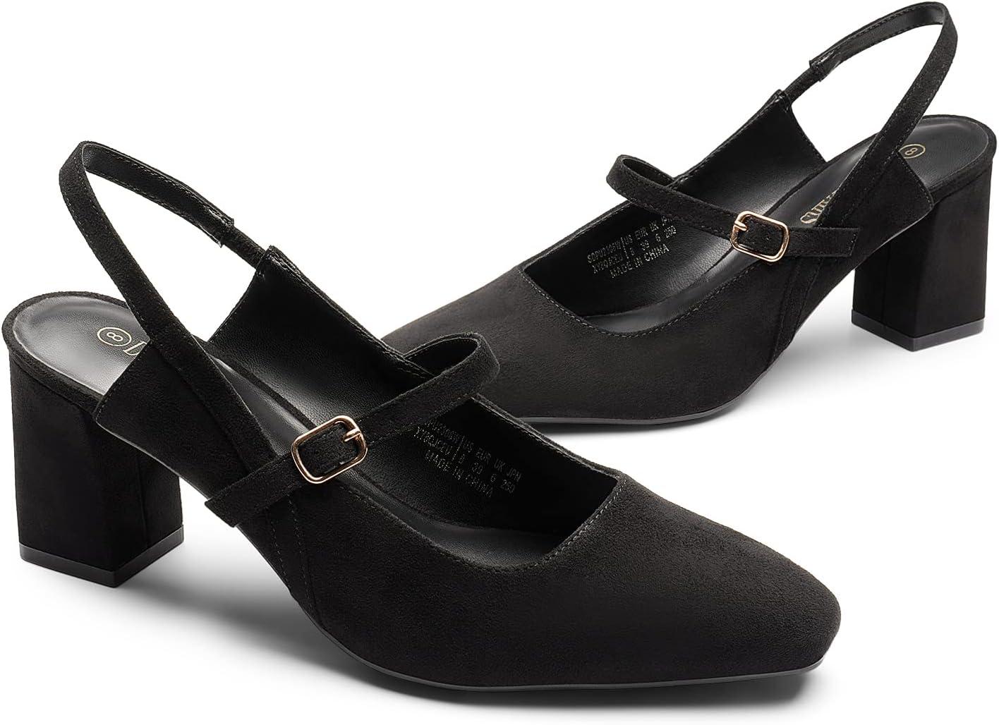 imageDREAM PAIRS Womens Closed Toe Chunky High Heels Mary Jane Block Square Toe Slingback Strappy Dress Work Pumps ShoesBlacksuede