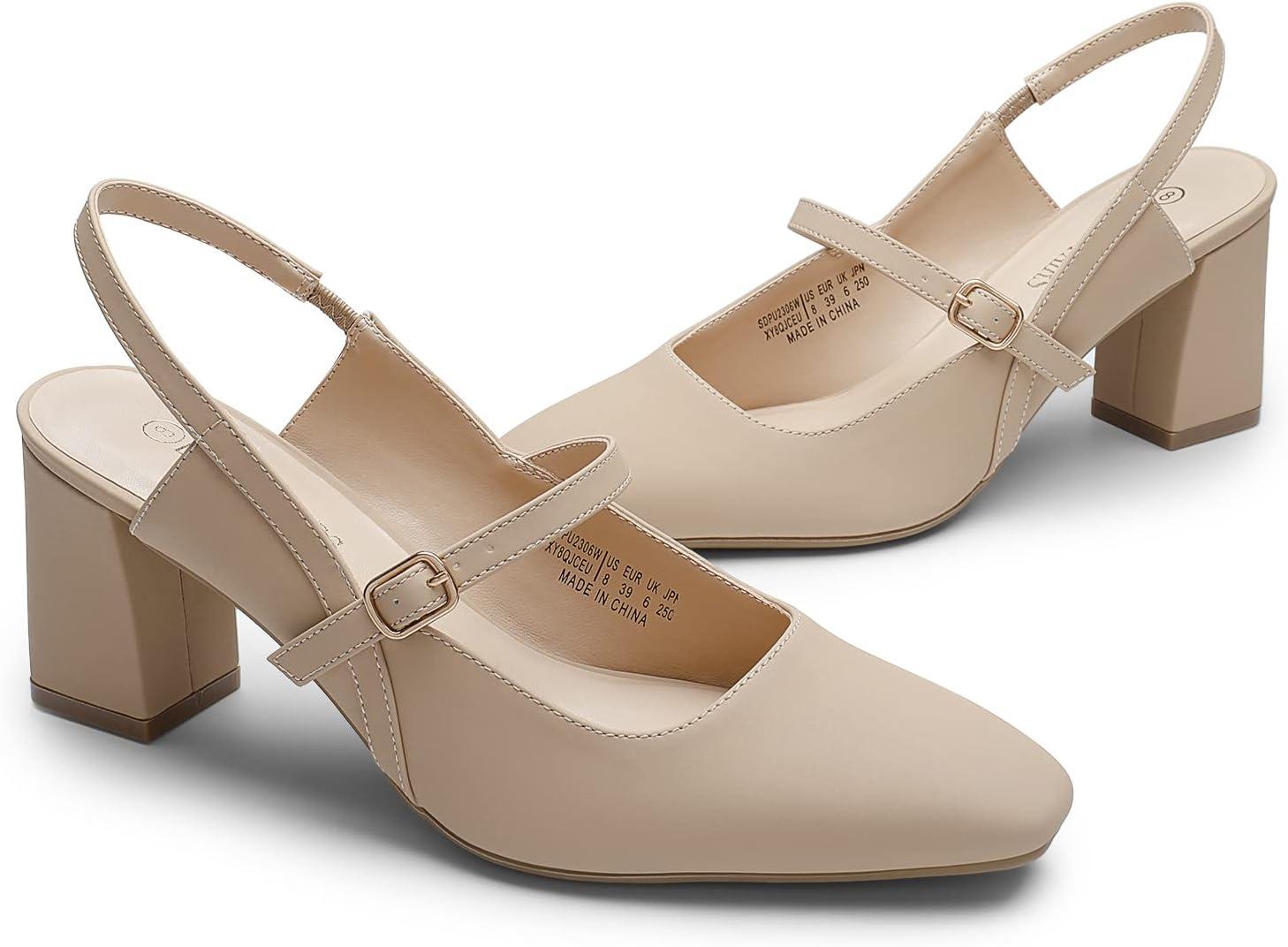 imageDREAM PAIRS Womens Closed Toe Chunky High Heels Mary Jane Block Square Toe Slingback Strappy Dress Work Pumps ShoesNudenubuck