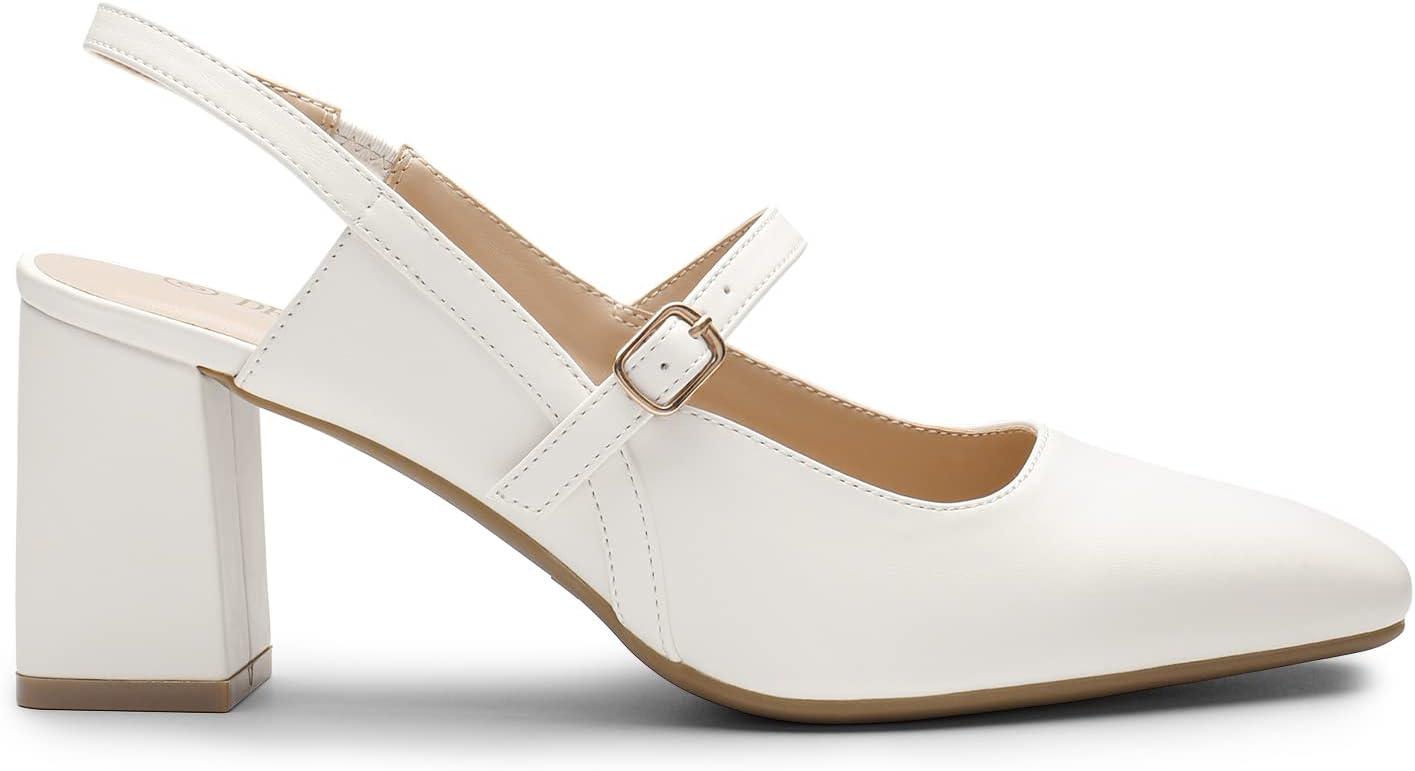 imageDREAM PAIRS Womens Closed Toe Chunky High Heels Mary Jane Block Square Toe Slingback Strappy Dress Work Pumps ShoesWhitepu