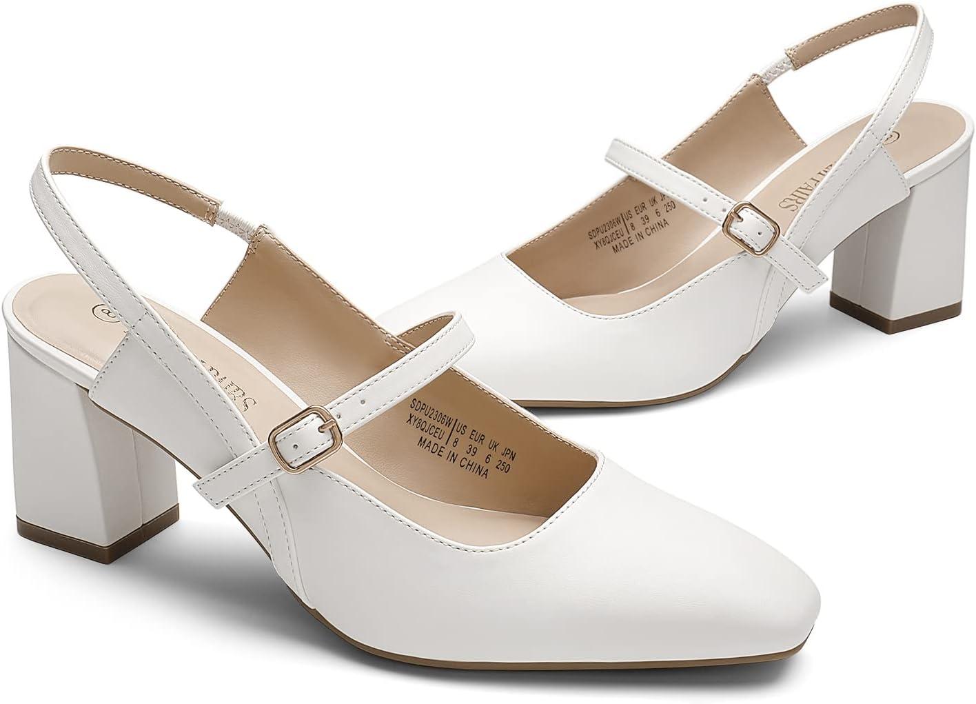 imageDREAM PAIRS Womens Closed Toe Chunky High Heels Mary Jane Block Square Toe Slingback Strappy Dress Work Pumps ShoesWhitepu