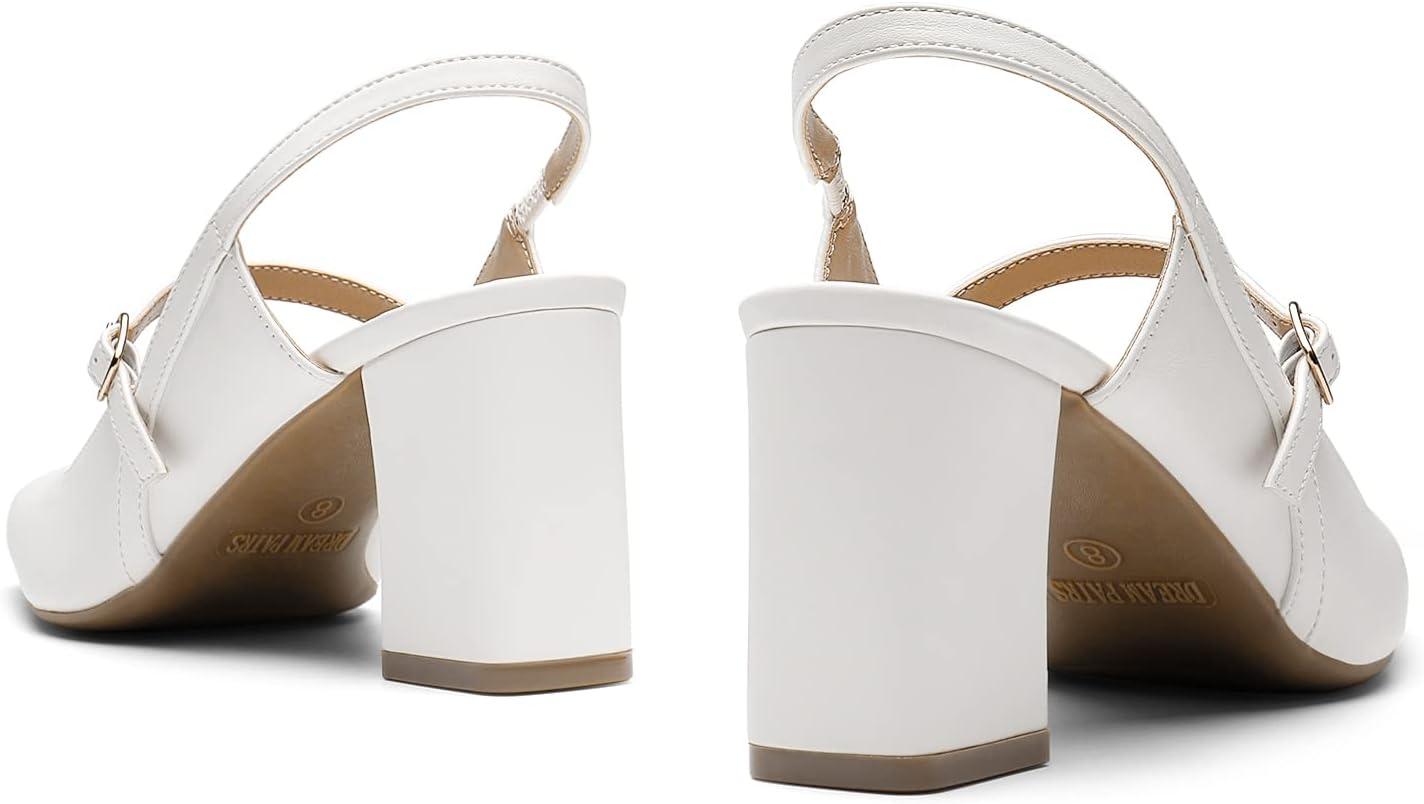 imageDREAM PAIRS Womens Closed Toe Chunky High Heels Mary Jane Block Square Toe Slingback Strappy Dress Work Pumps ShoesWhitepu