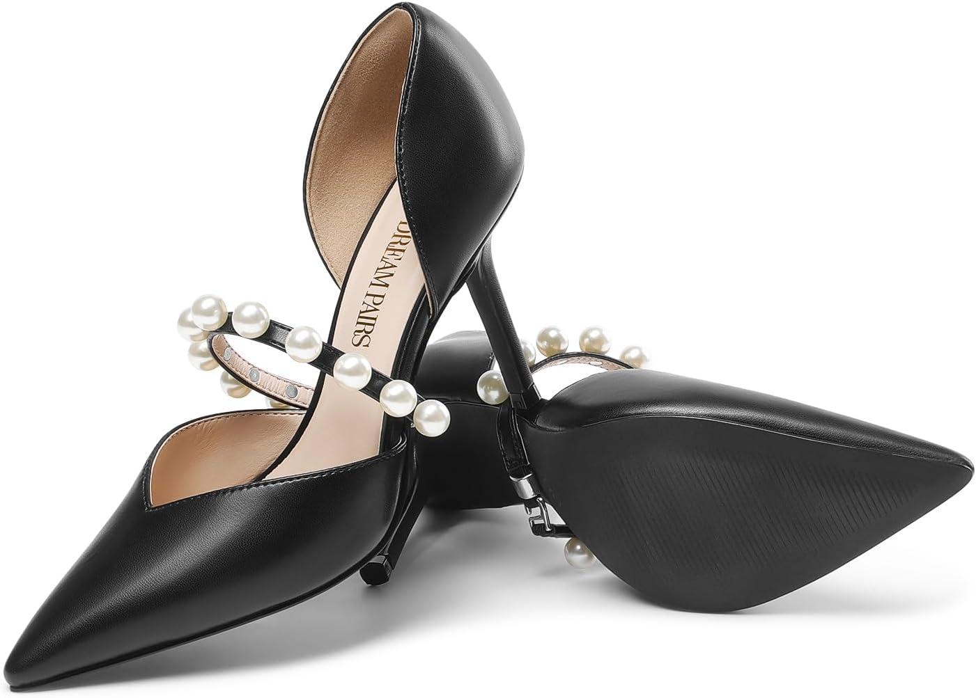 imageDREAM PAIRS Womens Closed Toe High Heels Stiletto Pointed Toe Strappy Pearl Elegant DOrsay Dress Wedding Party Pumps ShoesBlackpu