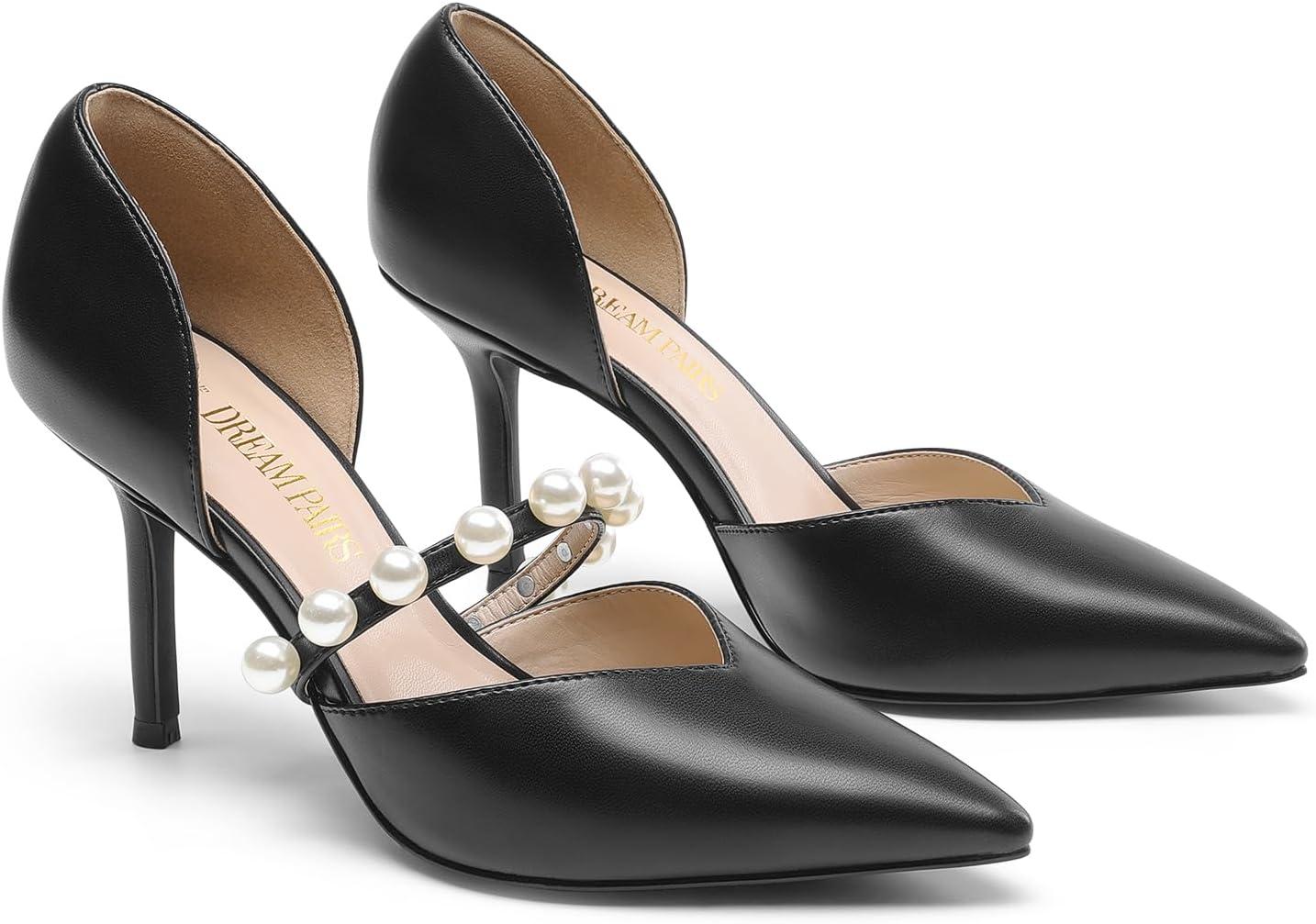 imageDREAM PAIRS Womens Closed Toe High Heels Stiletto Pointed Toe Strappy Pearl Elegant DOrsay Dress Wedding Party Pumps ShoesBlackpu