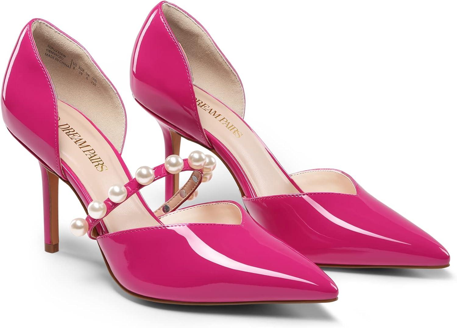 imageDREAM PAIRS Womens Closed Toe High Heels Stiletto Pointed Toe Strappy Pearl Elegant DOrsay Dress Wedding Party Pumps ShoesHot Pink