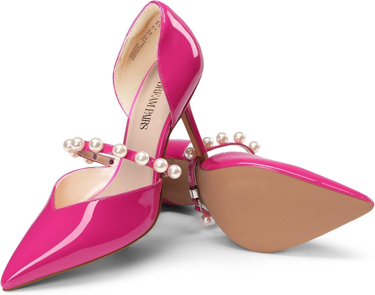 imageDREAM PAIRS Womens Closed Toe High Heels Stiletto Pointed Toe Strappy Pearl Elegant DOrsay Dress Wedding Party Pumps ShoesHot Pink