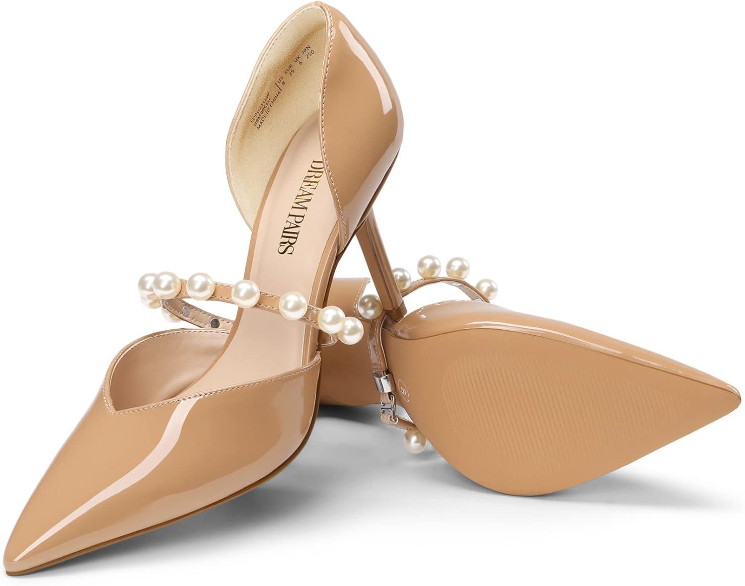 imageDREAM PAIRS Womens Closed Toe High Heels Stiletto Pointed Toe Strappy Pearl Elegant DOrsay Dress Wedding Party Pumps ShoesNude