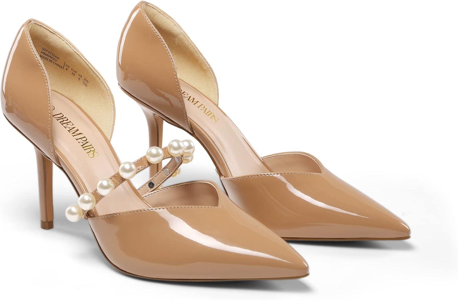 imageDREAM PAIRS Womens Closed Toe High Heels Stiletto Pointed Toe Strappy Pearl Elegant DOrsay Dress Wedding Party Pumps ShoesNude