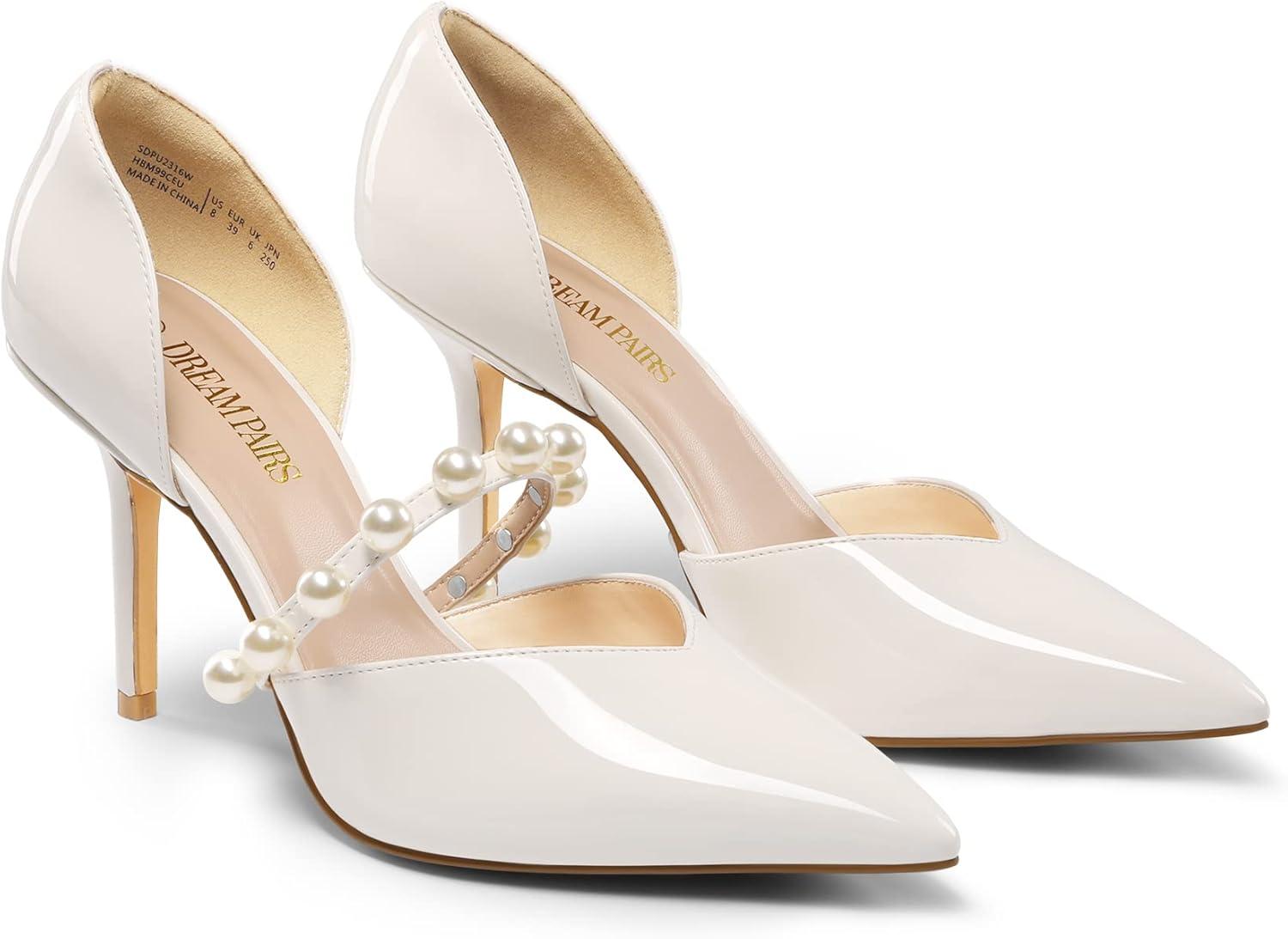 imageDREAM PAIRS Womens Closed Toe High Heels Stiletto Pointed Toe Strappy Pearl Elegant DOrsay Dress Wedding Party Pumps ShoesWhite