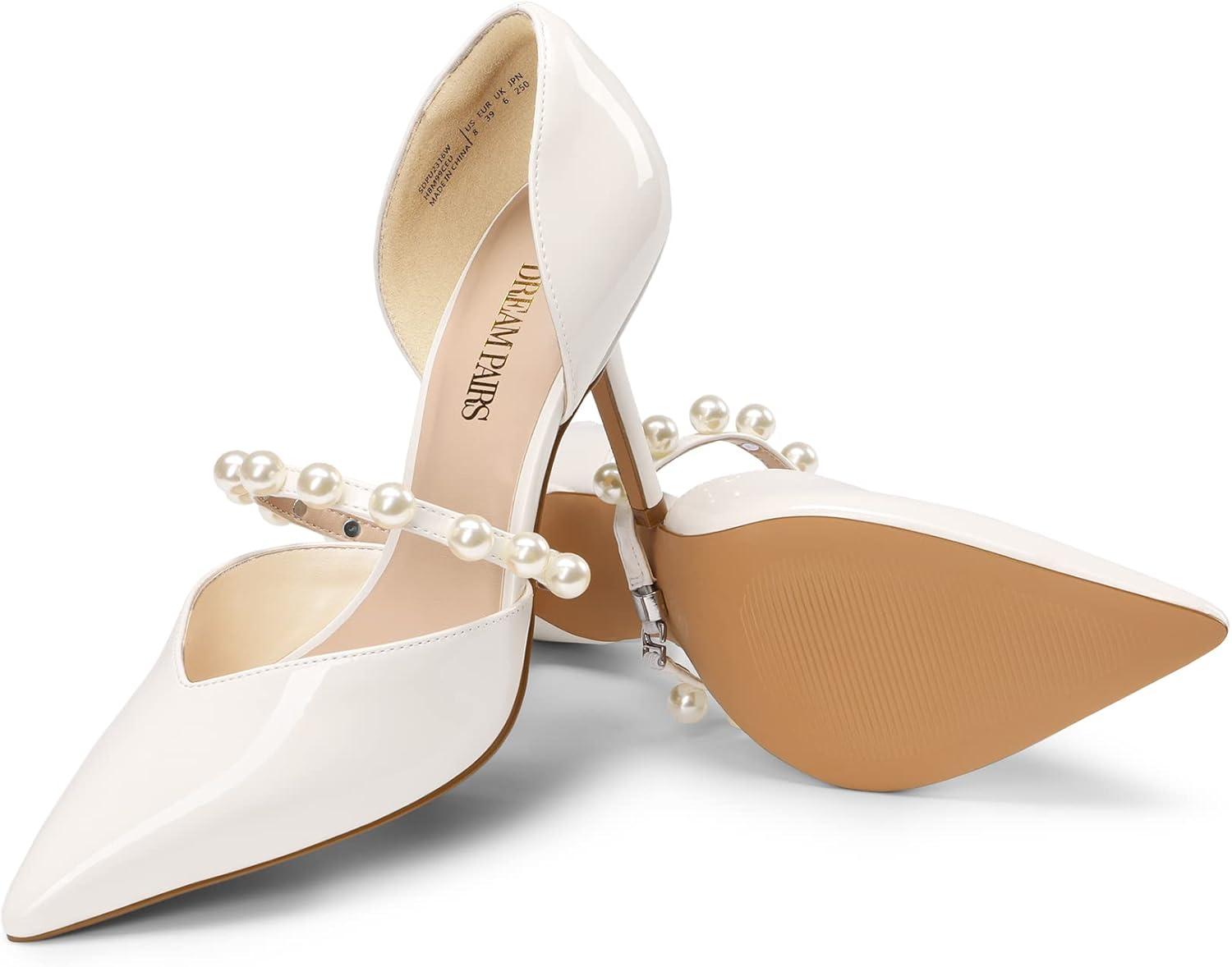 imageDREAM PAIRS Womens Closed Toe High Heels Stiletto Pointed Toe Strappy Pearl Elegant DOrsay Dress Wedding Party Pumps ShoesWhite