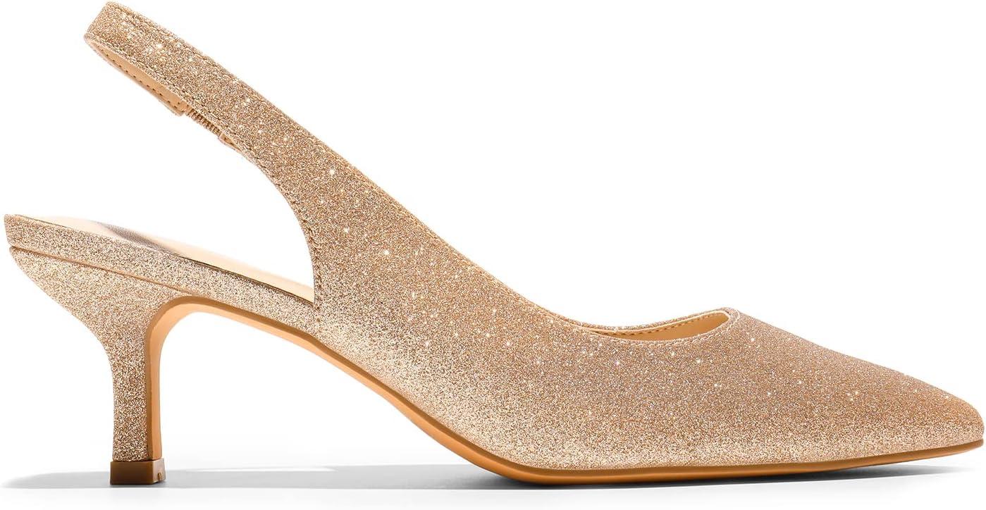 imageDREAM PAIRS Womens Closed Toe Kitten Heels Pointed Toe Slingback Low Heels Dress Bridal Wedding Pumps ShoesGoldglitter