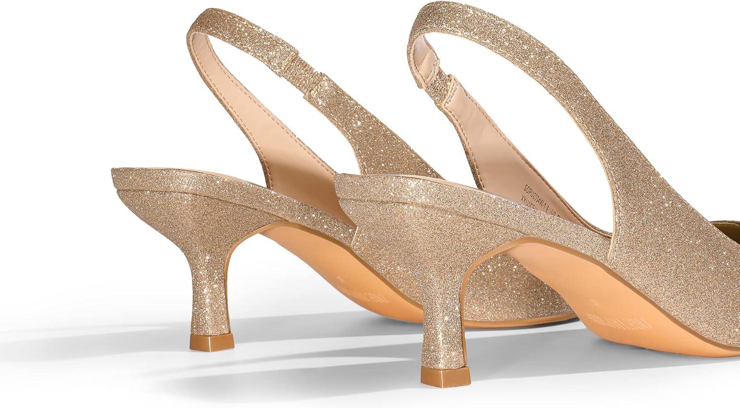imageDREAM PAIRS Womens Closed Toe Kitten Heels Pointed Toe Slingback Low Heels Dress Bridal Wedding Pumps ShoesGoldglitter