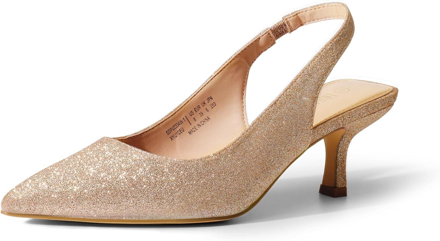 imageDREAM PAIRS Womens Closed Toe Kitten Heels Pointed Toe Slingback Low Heels Dress Bridal Wedding Pumps ShoesGoldglitter