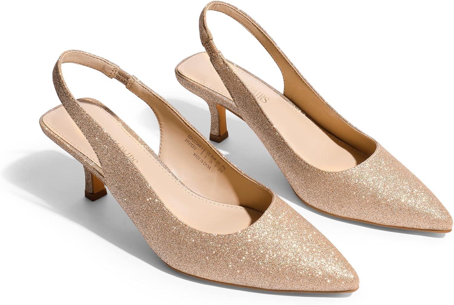 imageDREAM PAIRS Womens Closed Toe Kitten Heels Pointed Toe Slingback Low Heels Dress Bridal Wedding Pumps ShoesGoldglitter