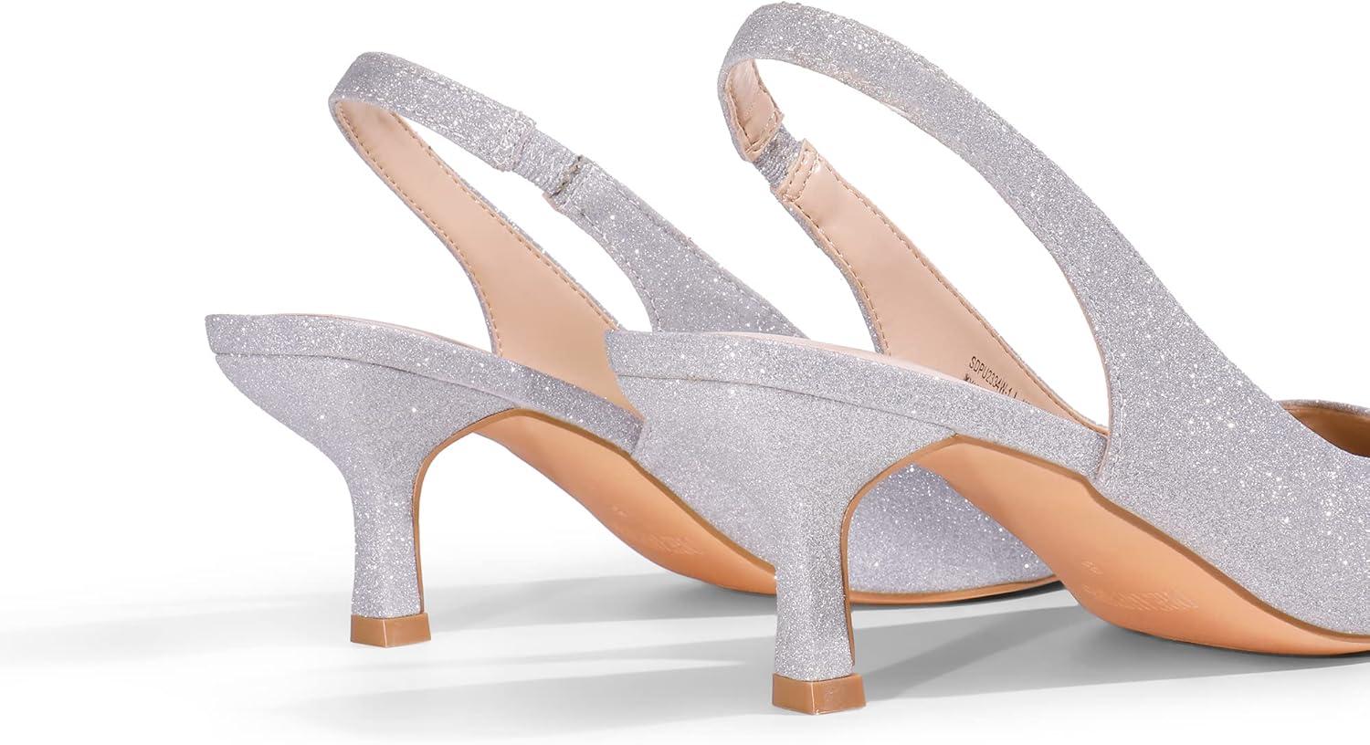 imageDREAM PAIRS Womens Closed Toe Kitten Heels Pointed Toe Slingback Low Heels Dress Bridal Wedding Pumps ShoesSilverglitter