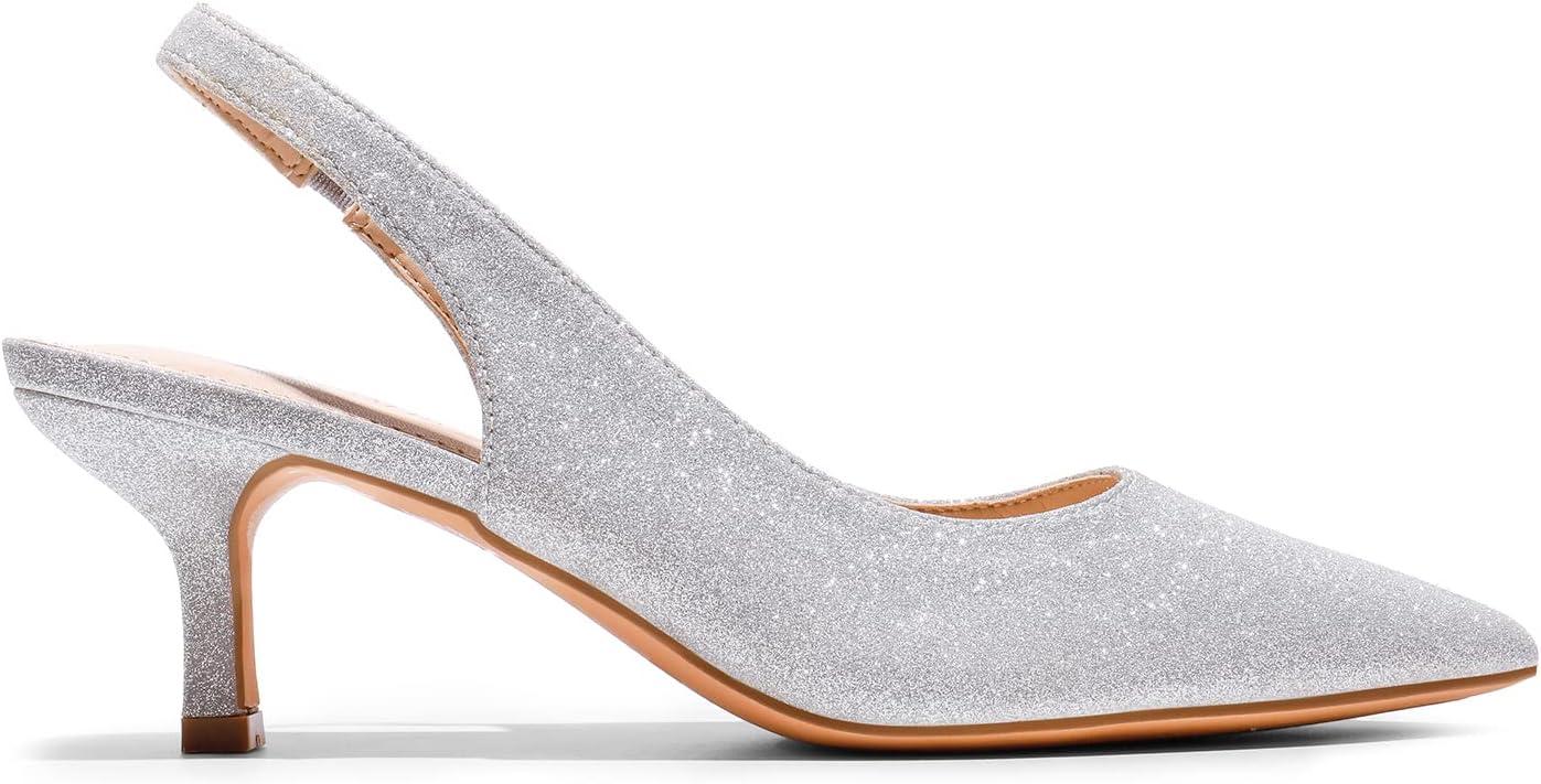 imageDREAM PAIRS Womens Closed Toe Kitten Heels Pointed Toe Slingback Low Heels Dress Bridal Wedding Pumps ShoesSilverglitter