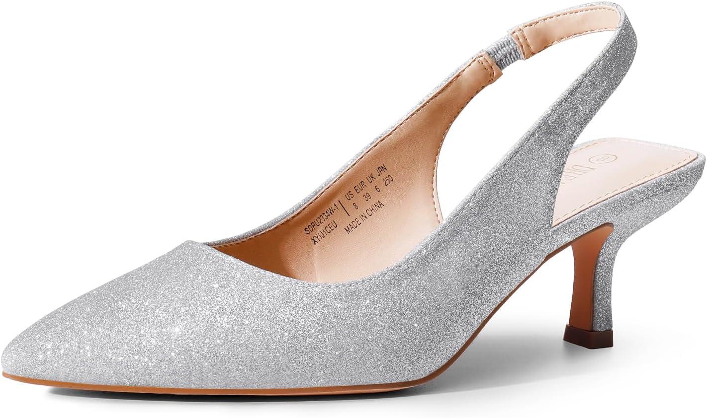 imageDREAM PAIRS Womens Closed Toe Kitten Heels Pointed Toe Slingback Low Heels Dress Bridal Wedding Pumps ShoesSilverglitter