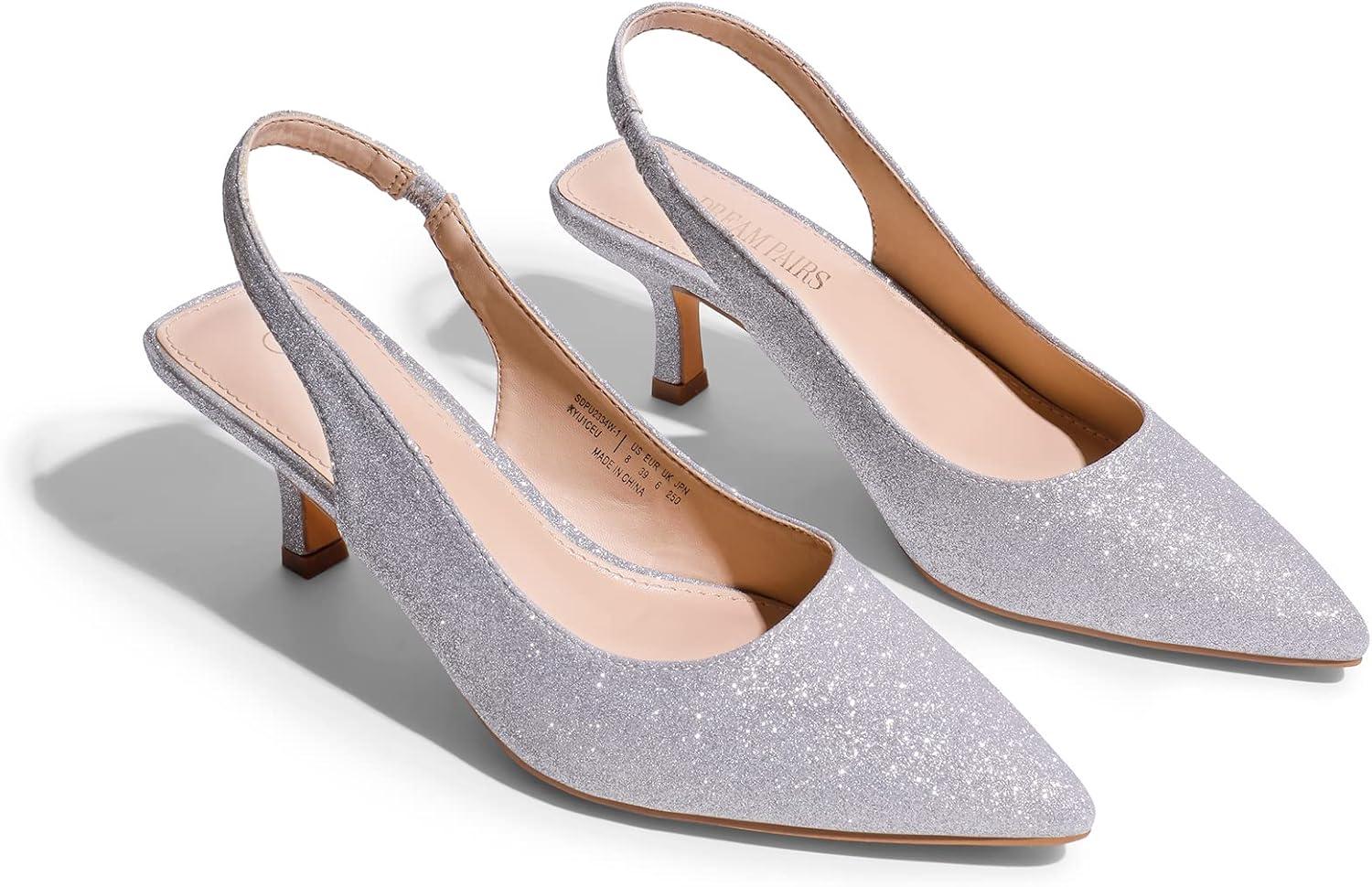 imageDREAM PAIRS Womens Closed Toe Kitten Heels Pointed Toe Slingback Low Heels Dress Bridal Wedding Pumps ShoesSilverglitter