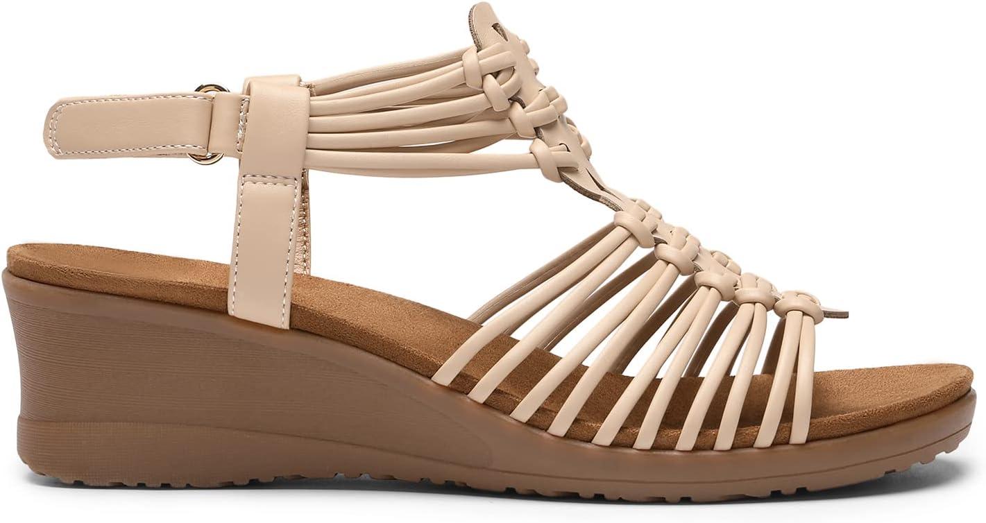 imageDREAM PAIRS Womens Comfortable Strappy Low Heel Open Toe SlipOn Wedge Sandals Arch Support for Summer Dressy ShoesNude