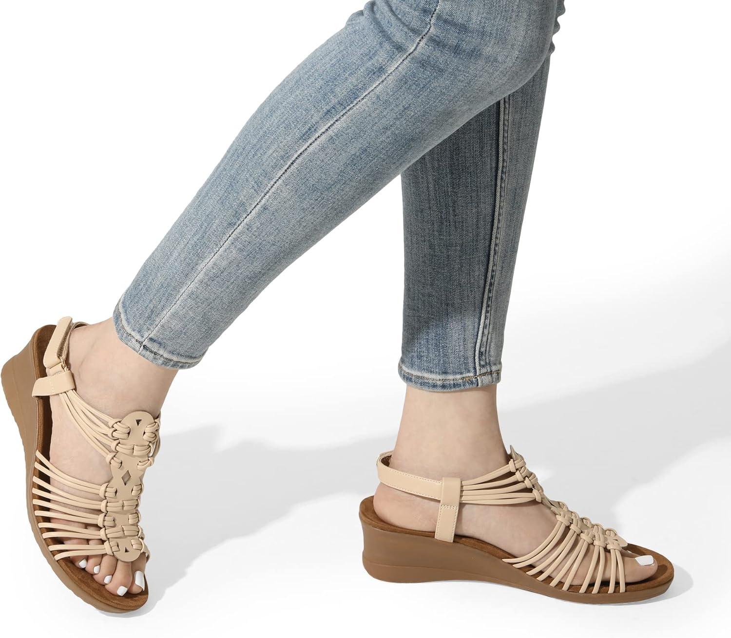 imageDREAM PAIRS Womens Comfortable Strappy Low Heel Open Toe SlipOn Wedge Sandals Arch Support for Summer Dressy ShoesNude