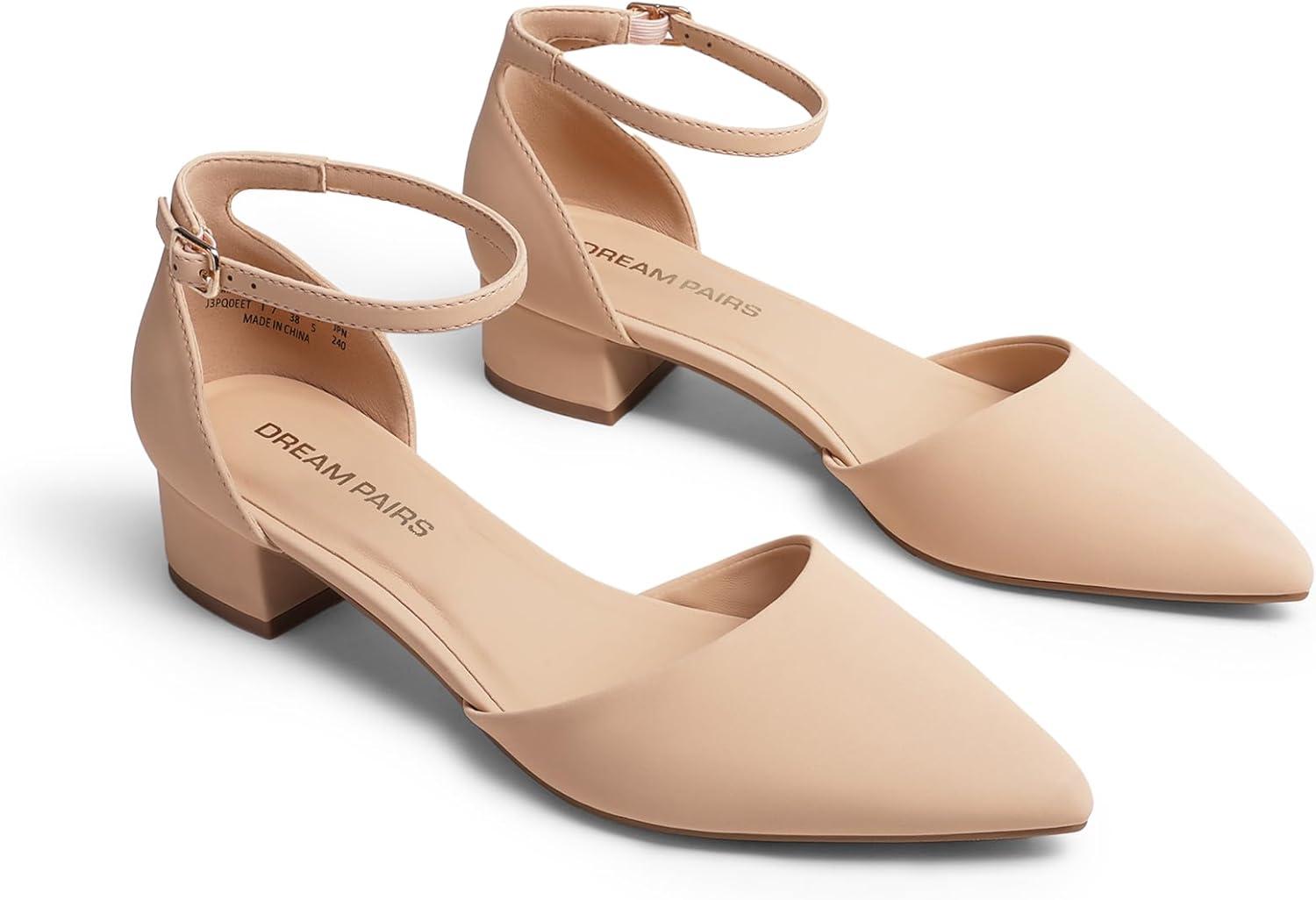 imageDREAM PAIRS Womens Dress Shoes Low Heel Pumps Closed Pointed Toe Comfort Casual DOrsay Flats Ankle StrapNude