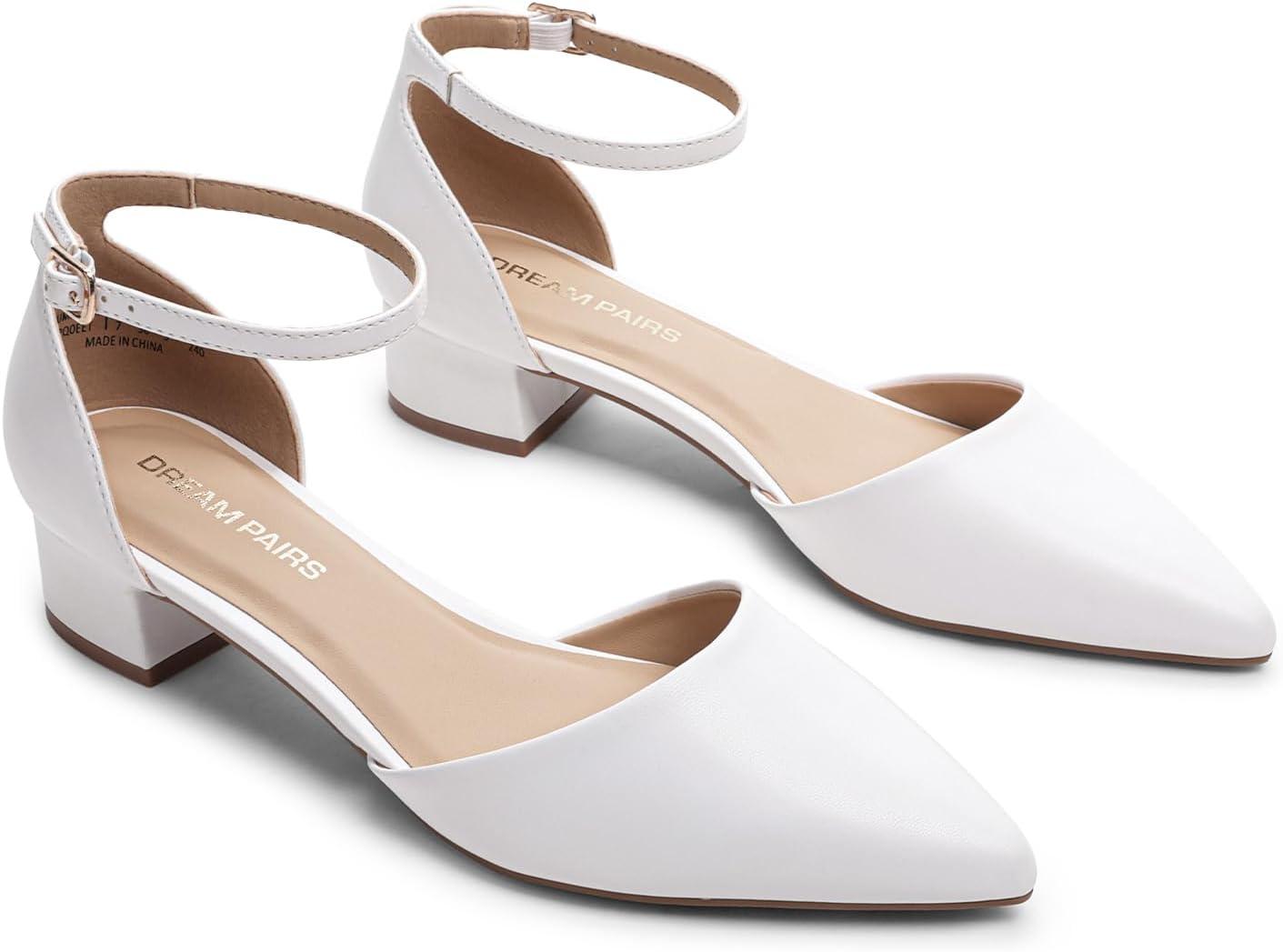 imageDREAM PAIRS Womens Dress Shoes Low Heel Pumps Closed Pointed Toe Comfort Casual DOrsay Flats Ankle StrapWhite