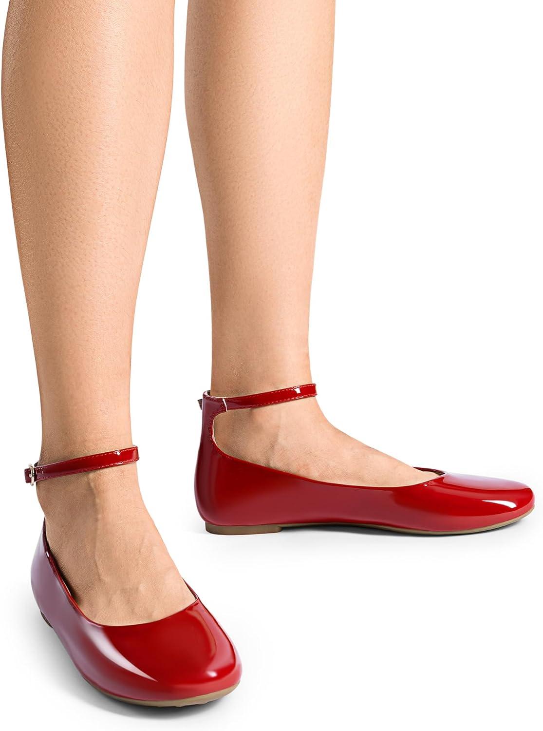 imageDREAM PAIRS Womens Dressy Ballet Flats Shoes Round Toe Comfortable Ankle Strap Patent Ballerina Flats ShoesRed
