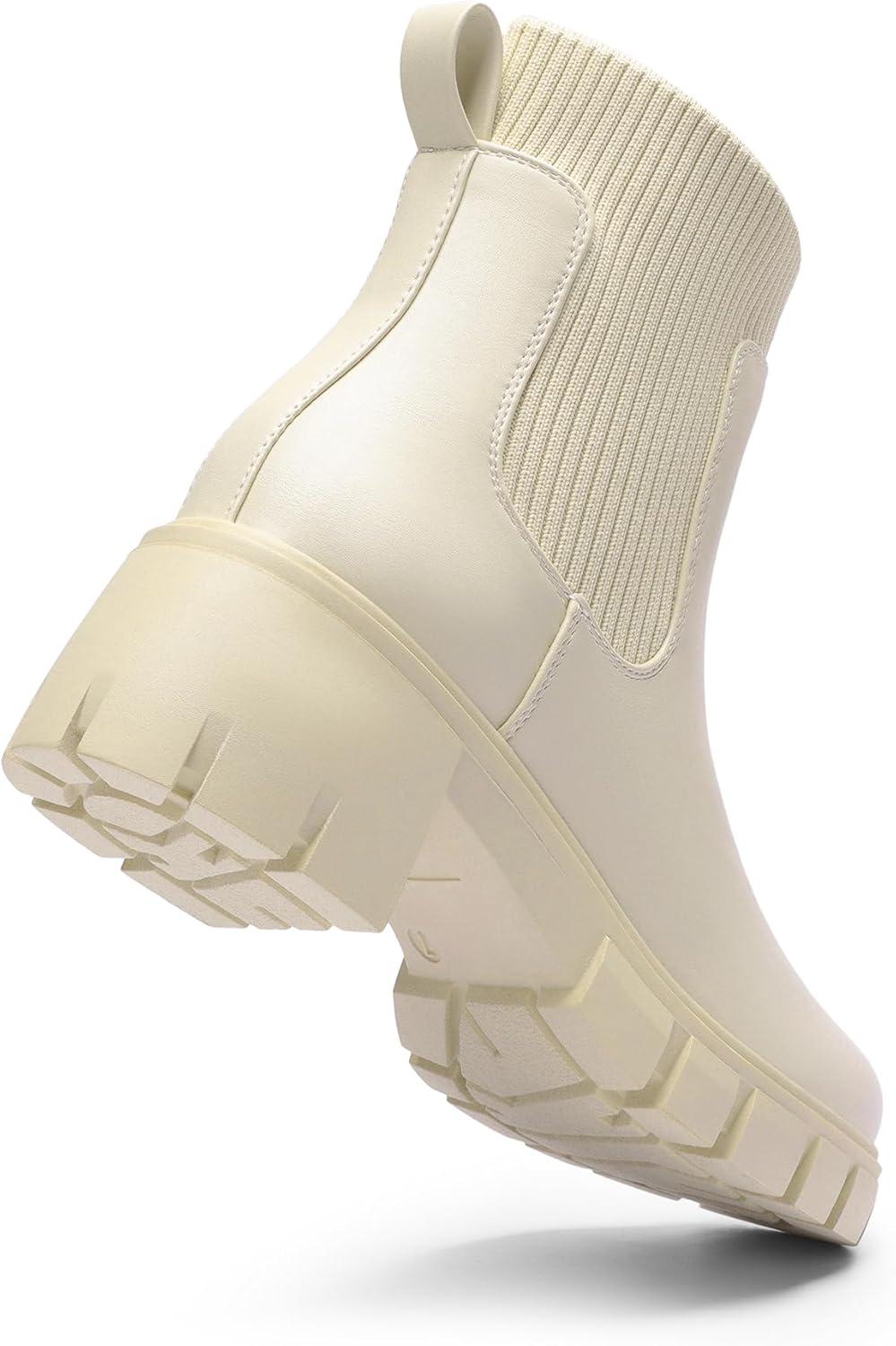 imageDREAM PAIRS Womens Elastic Chelsea Ankle Boots Fashion Low Chunky Heel Platform Lug Sole Short Booties ShoesBeige