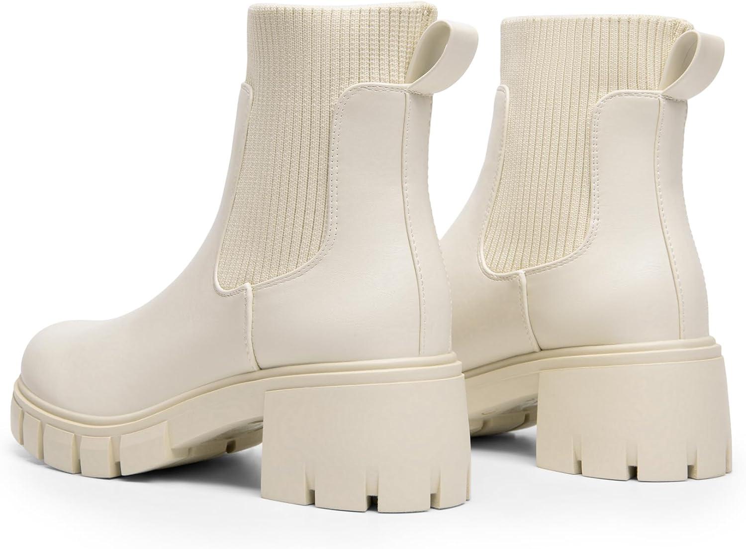 imageDREAM PAIRS Womens Elastic Chelsea Ankle Boots Fashion Low Chunky Heel Platform Lug Sole Short Booties ShoesBeige