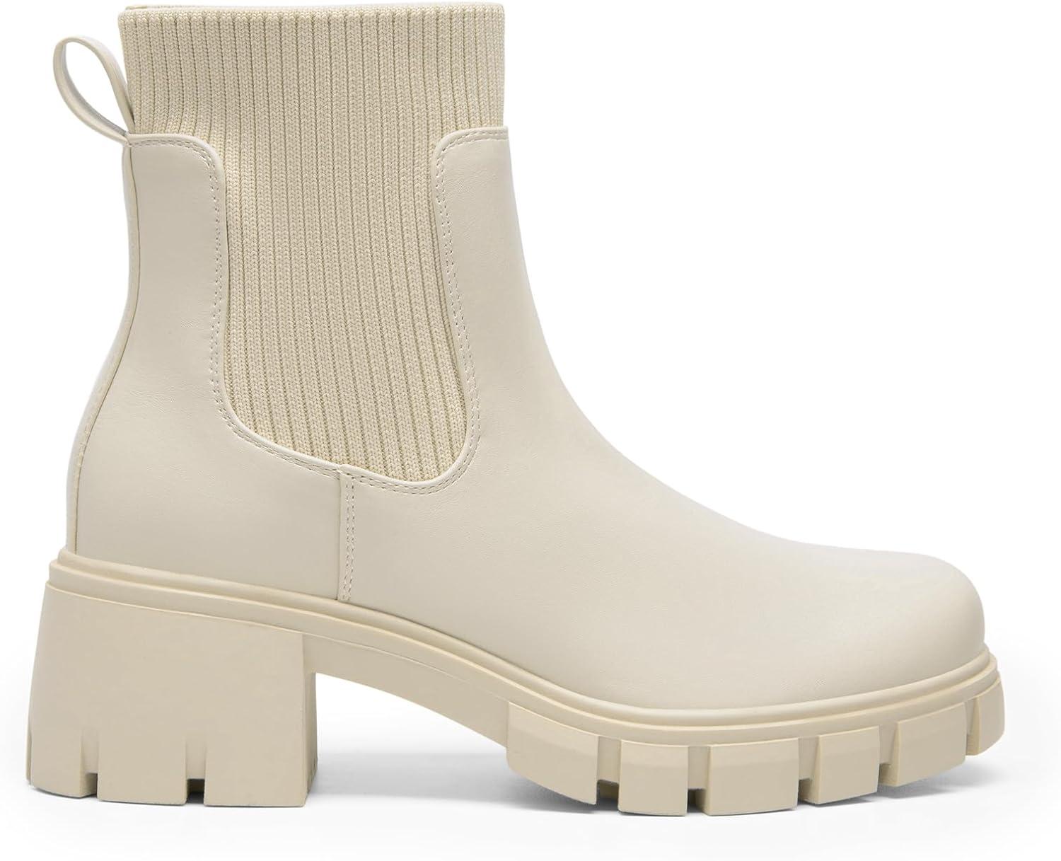 imageDREAM PAIRS Womens Elastic Chelsea Ankle Boots Fashion Low Chunky Heel Platform Lug Sole Short Booties ShoesBeige