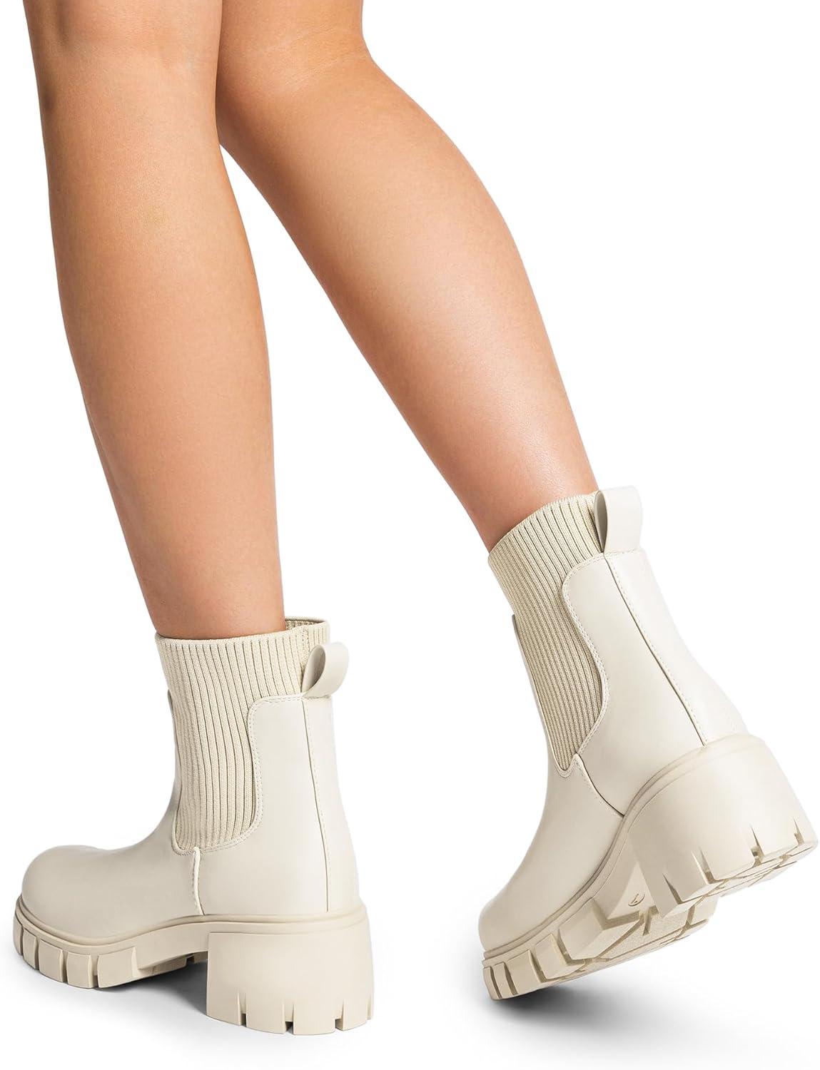 imageDREAM PAIRS Womens Elastic Chelsea Ankle Boots Fashion Low Chunky Heel Platform Lug Sole Short Booties ShoesBeige