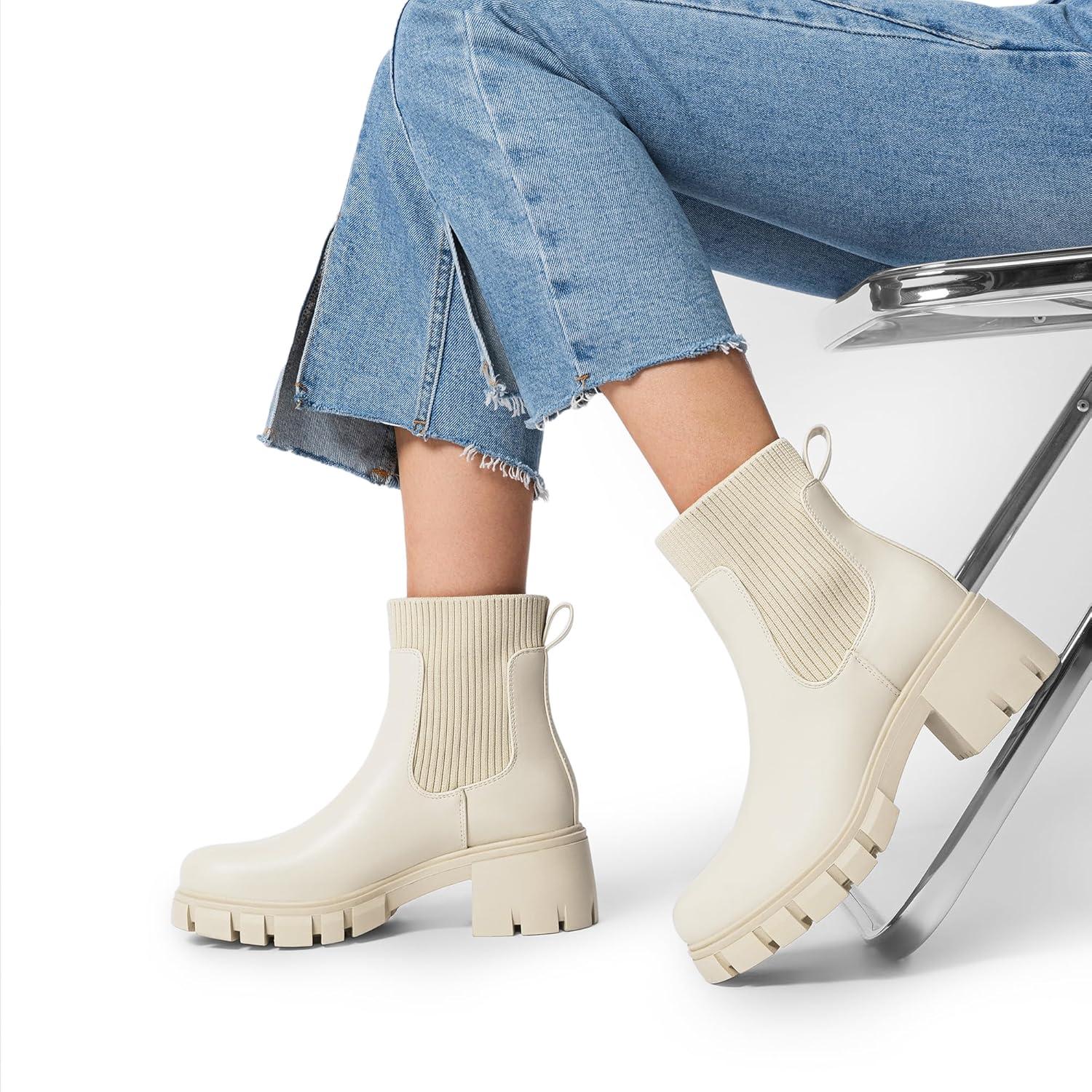 imageDREAM PAIRS Womens Elastic Chelsea Ankle Boots Fashion Low Chunky Heel Platform Lug Sole Short Booties ShoesBeige