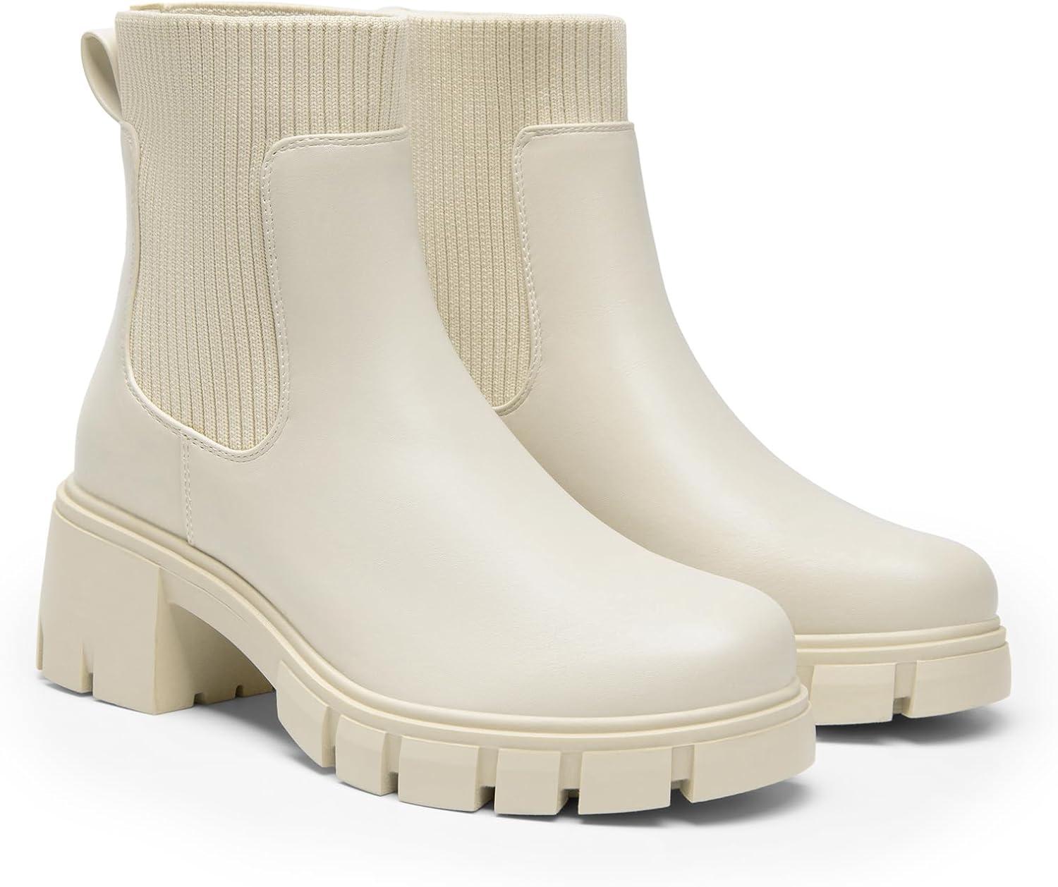 imageDREAM PAIRS Womens Elastic Chelsea Ankle Boots Fashion Low Chunky Heel Platform Lug Sole Short Booties ShoesBeige