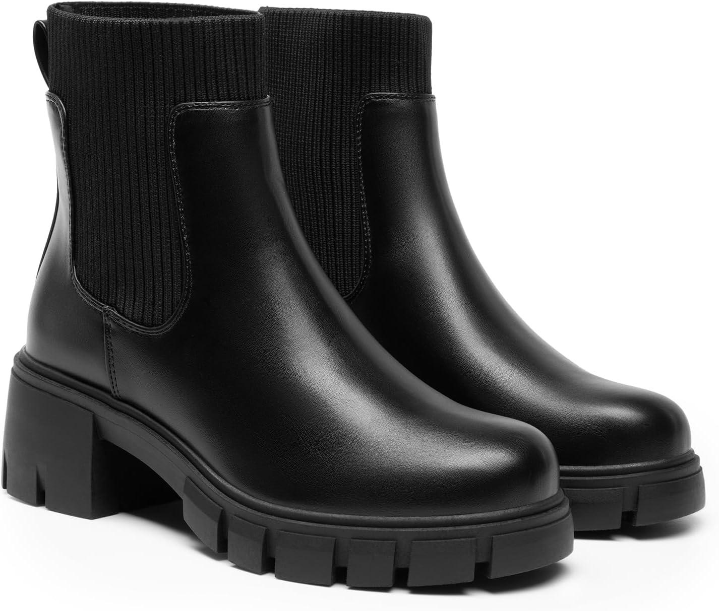 imageDREAM PAIRS Womens Elastic Chelsea Ankle Boots Fashion Low Chunky Heel Platform Lug Sole Short Booties ShoesBlack