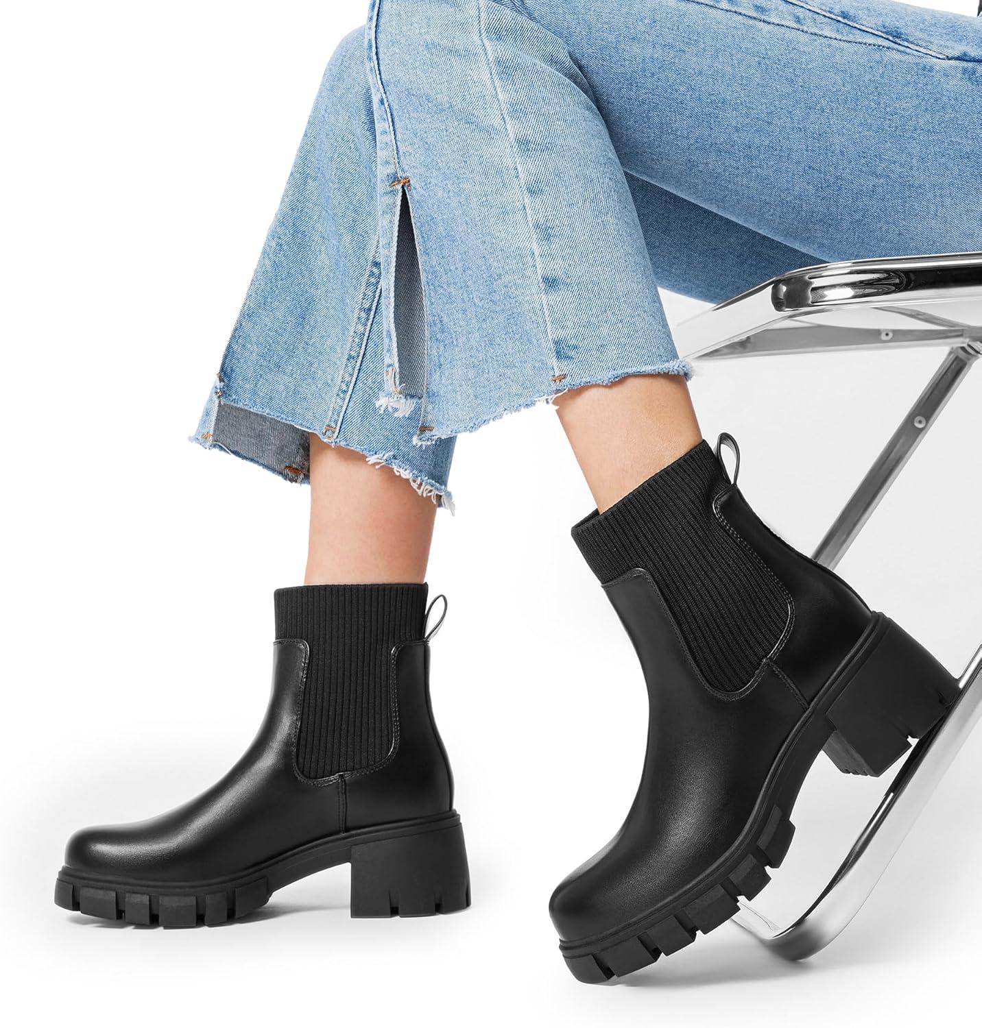 imageDREAM PAIRS Womens Elastic Chelsea Ankle Boots Fashion Low Chunky Heel Platform Lug Sole Short Booties ShoesBlack