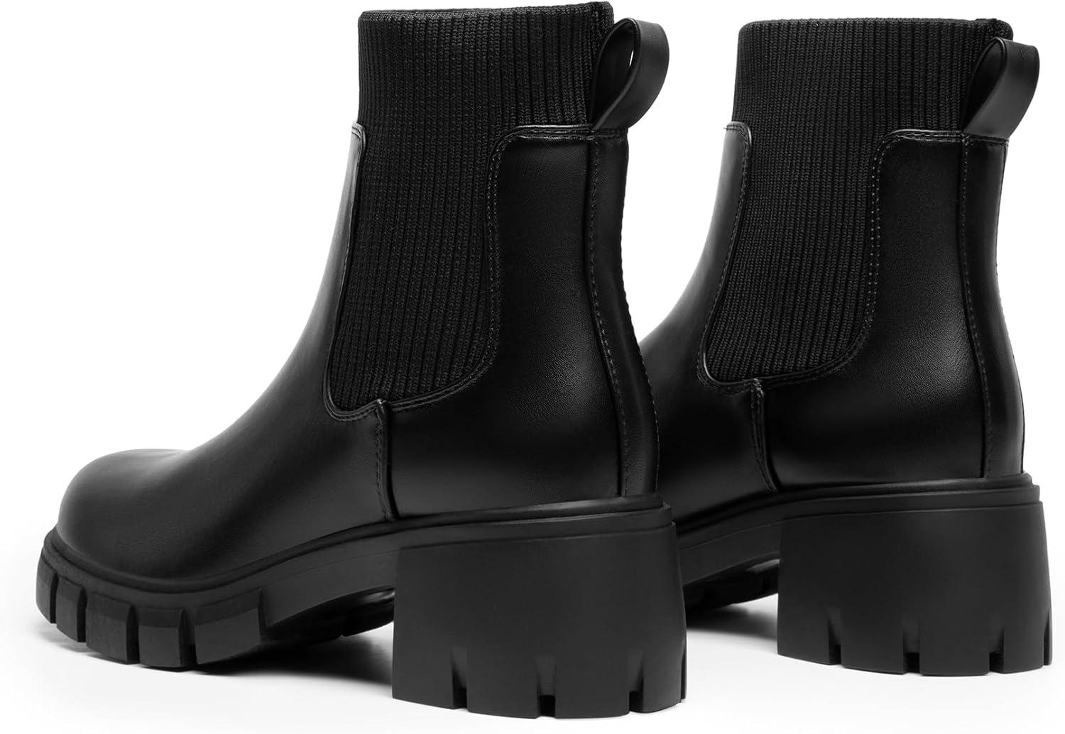 imageDREAM PAIRS Womens Elastic Chelsea Ankle Boots Fashion Low Chunky Heel Platform Lug Sole Short Booties ShoesBlack