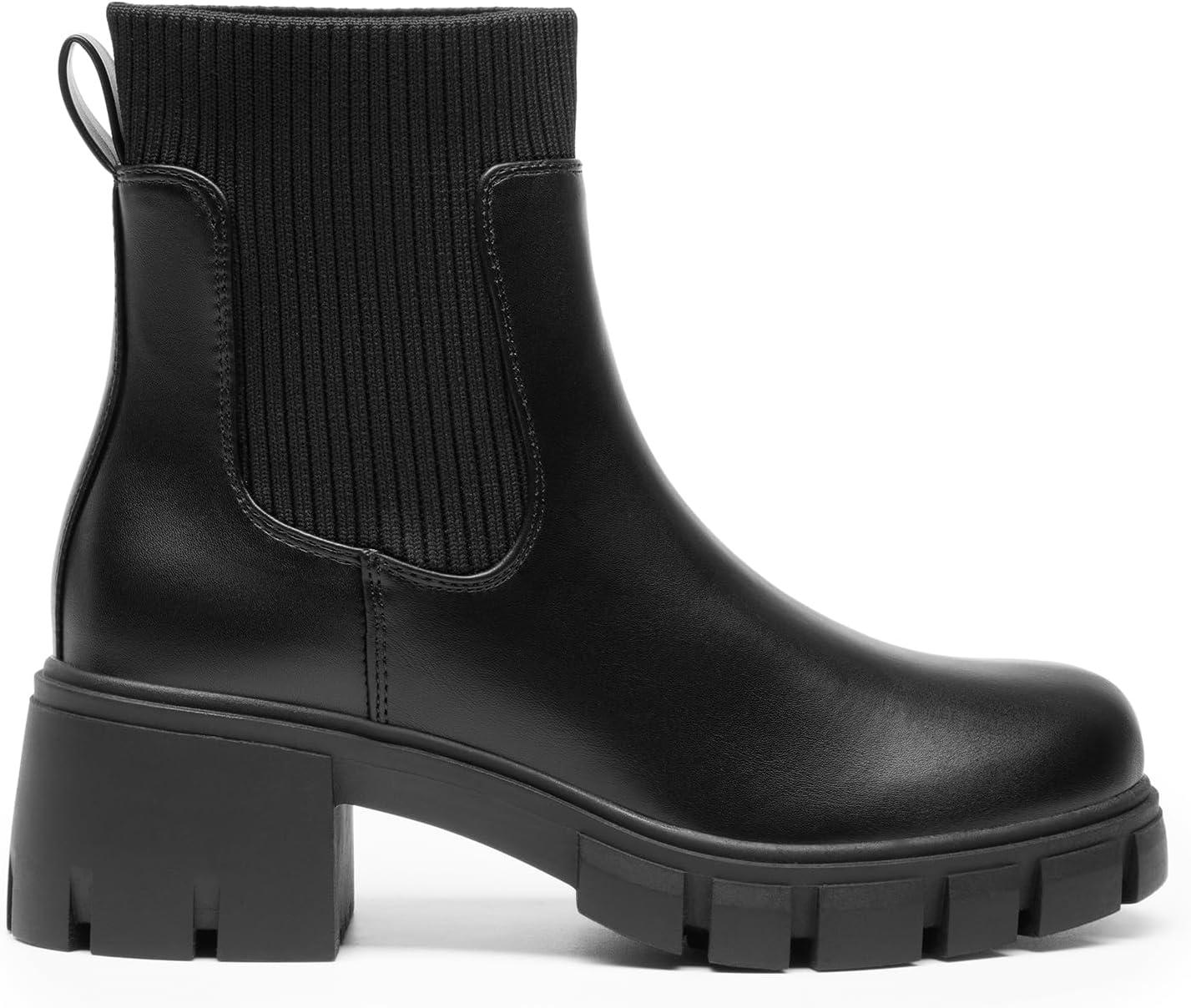 imageDREAM PAIRS Womens Elastic Chelsea Ankle Boots Fashion Low Chunky Heel Platform Lug Sole Short Booties ShoesBlack