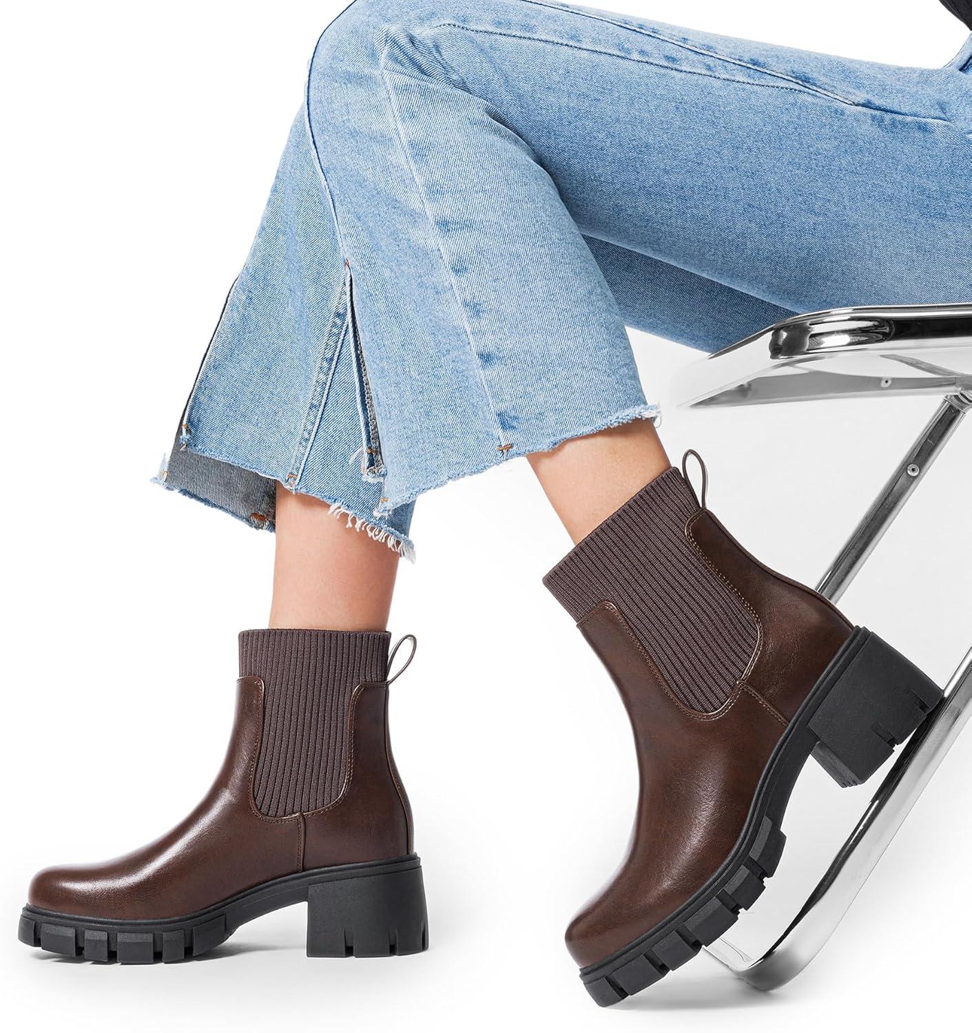 imageDREAM PAIRS Womens Elastic Chelsea Ankle Boots Fashion Low Chunky Heel Platform Lug Sole Short Booties ShoesBrown