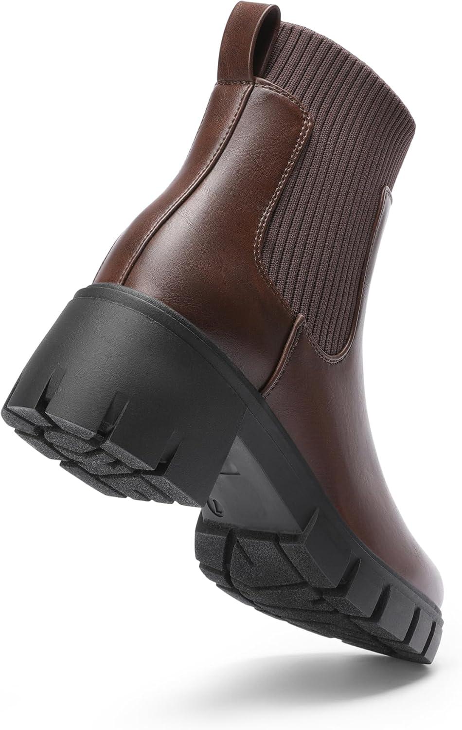 imageDREAM PAIRS Womens Elastic Chelsea Ankle Boots Fashion Low Chunky Heel Platform Lug Sole Short Booties ShoesBrown