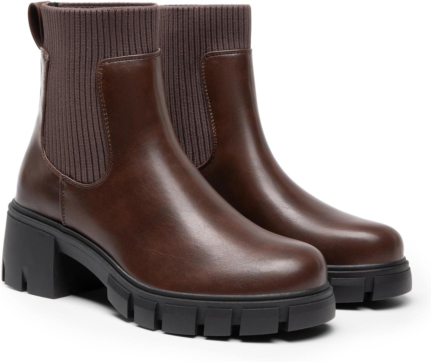 imageDREAM PAIRS Womens Elastic Chelsea Ankle Boots Fashion Low Chunky Heel Platform Lug Sole Short Booties ShoesBrown