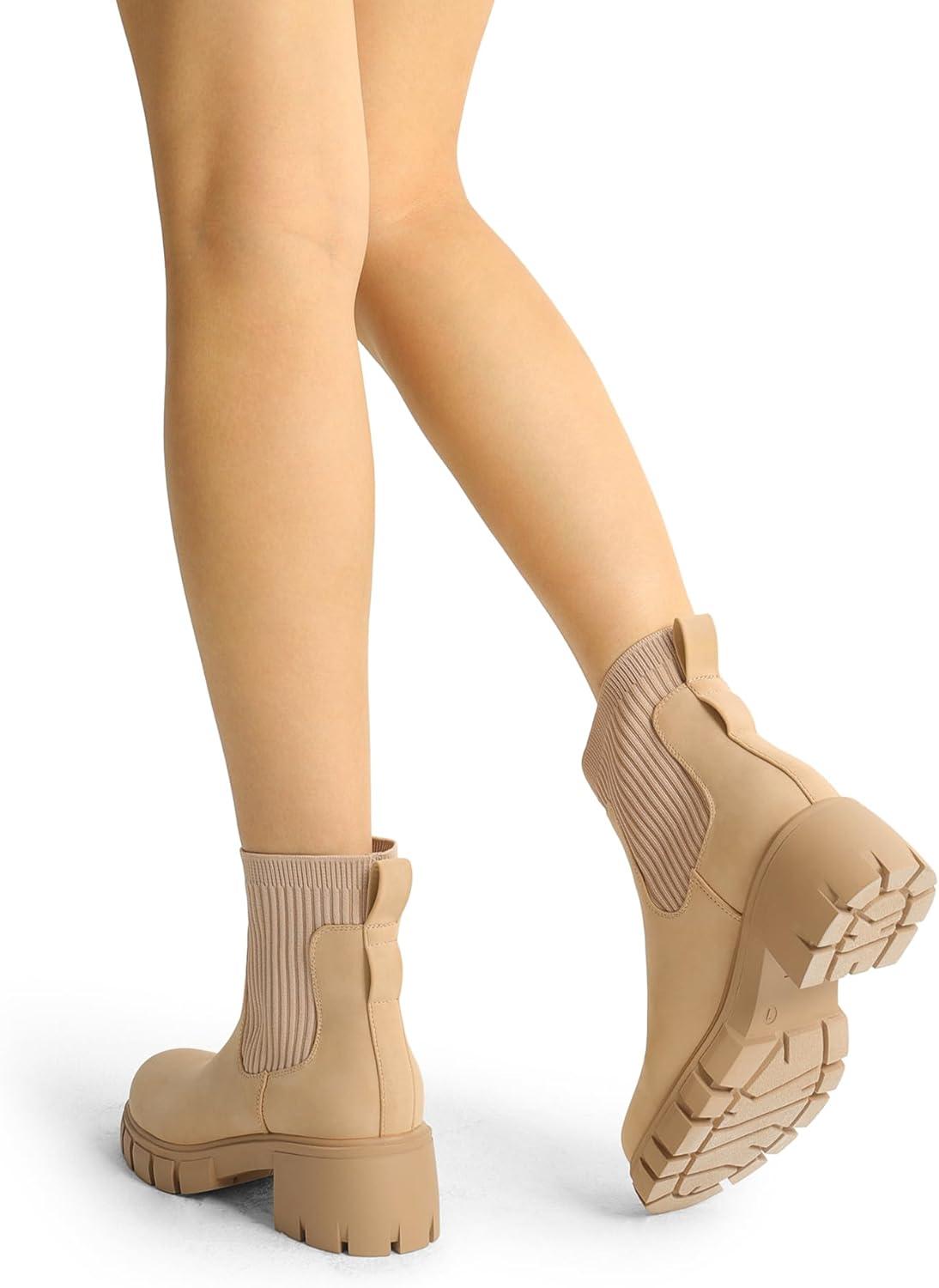 imageDREAM PAIRS Womens Elastic Chelsea Ankle Boots Fashion Low Chunky Heel Platform Lug Sole Short Booties ShoesNude