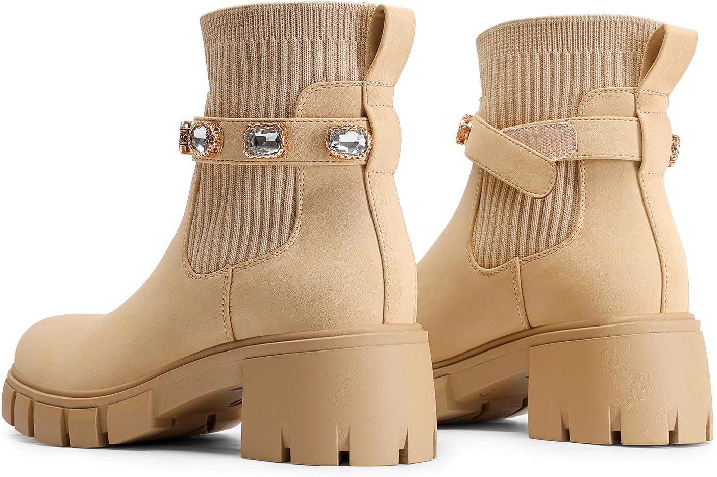 imageDREAM PAIRS Womens Elastic Chelsea Ankle Boots Fashion Low Chunky Heel Platform Lug Sole Short Booties ShoesNude