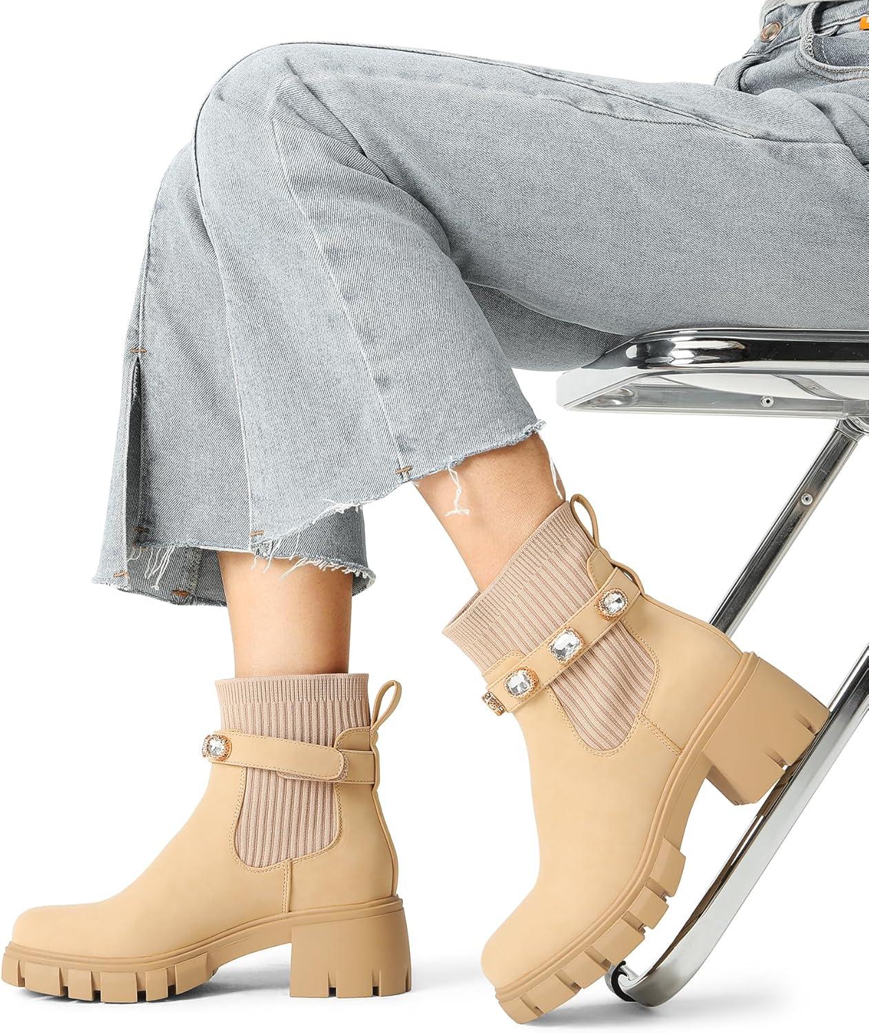 imageDREAM PAIRS Womens Elastic Chelsea Ankle Boots Fashion Low Chunky Heel Platform Lug Sole Short Booties ShoesNude