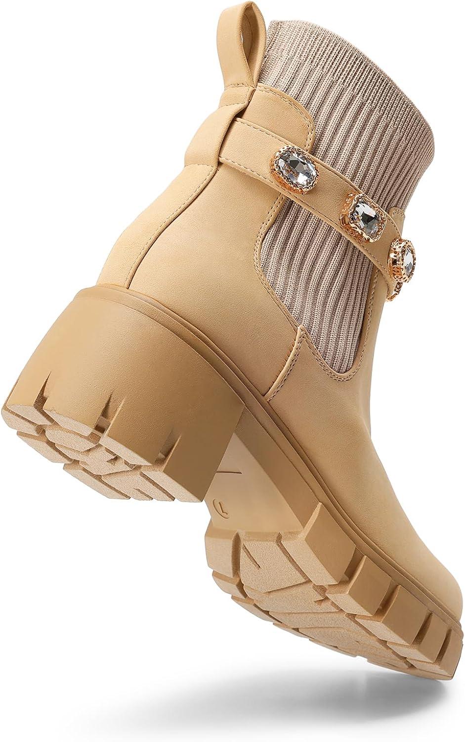 imageDREAM PAIRS Womens Elastic Chelsea Ankle Boots Fashion Low Chunky Heel Platform Lug Sole Short Booties ShoesNude