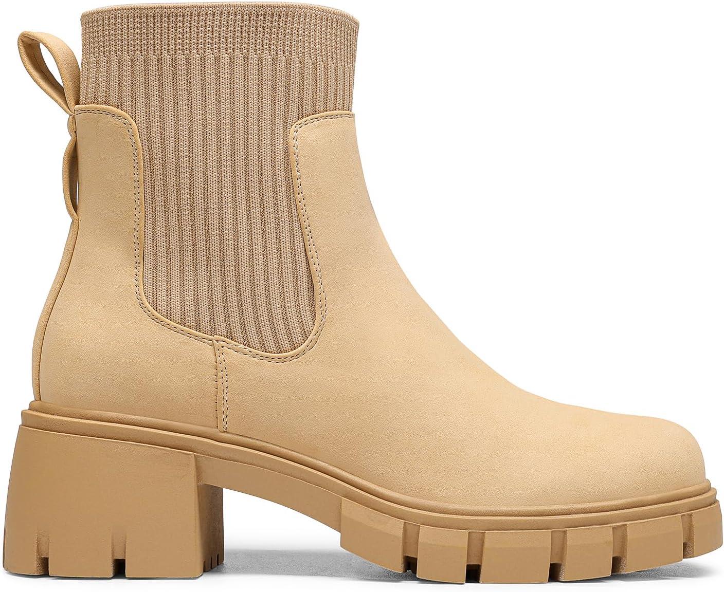 imageDREAM PAIRS Womens Elastic Chelsea Ankle Boots Fashion Low Chunky Heel Platform Lug Sole Short Booties ShoesNude