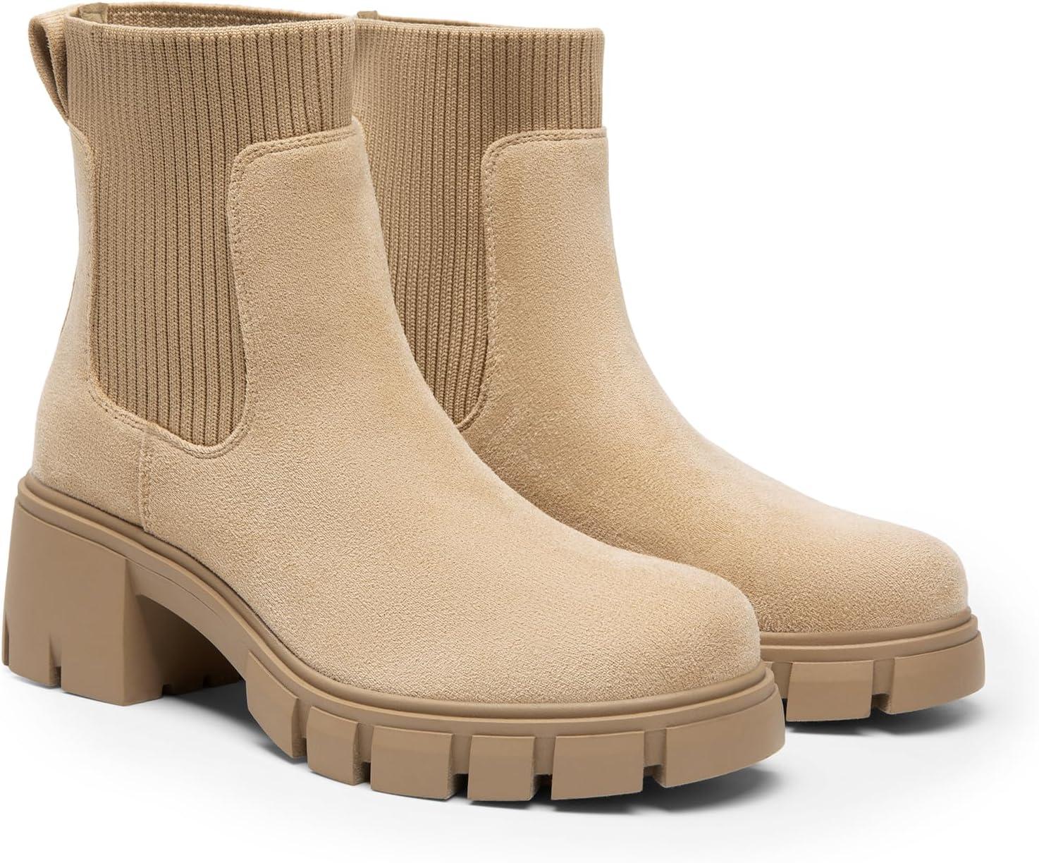 imageDREAM PAIRS Womens Elastic Chelsea Ankle Boots Fashion Low Chunky Heel Platform Lug Sole Short Booties ShoesNudesuede